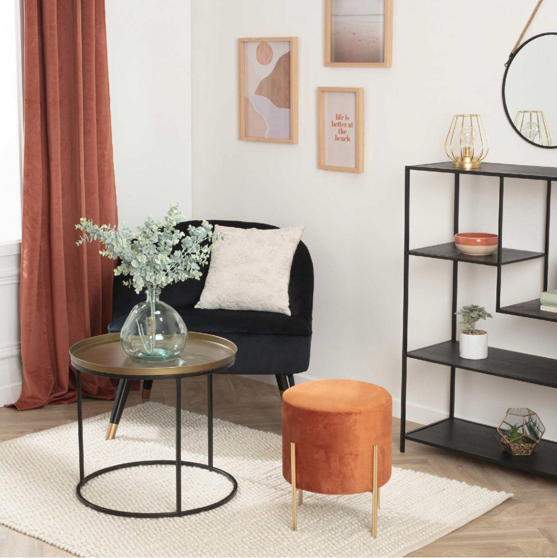 pouf rond méta et velours rouille