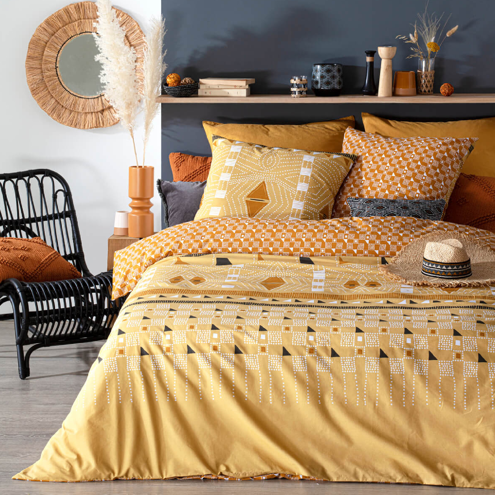 housse de couette jaune motif ethnique