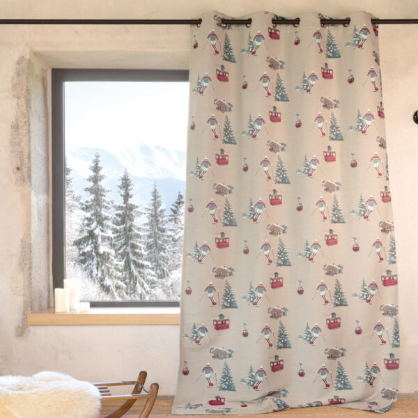 Rideau jacquard à œillets avec motifs skieurs et sapins 