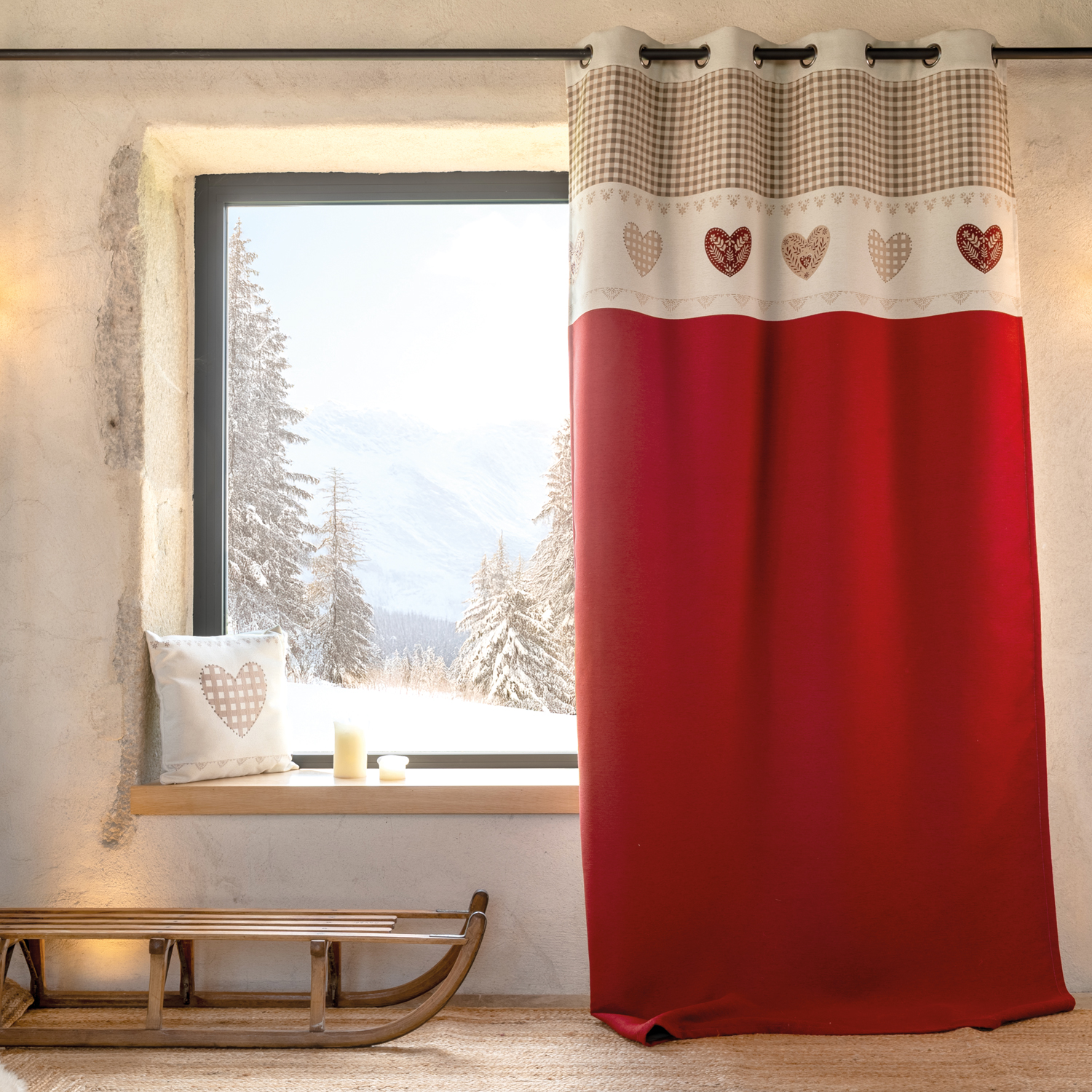 Rideau jacquard à œillets avec haut vichy et motifs cœurs