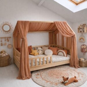 Rideau en gaze de coton tamisant à oeillets pour lit enfant maison