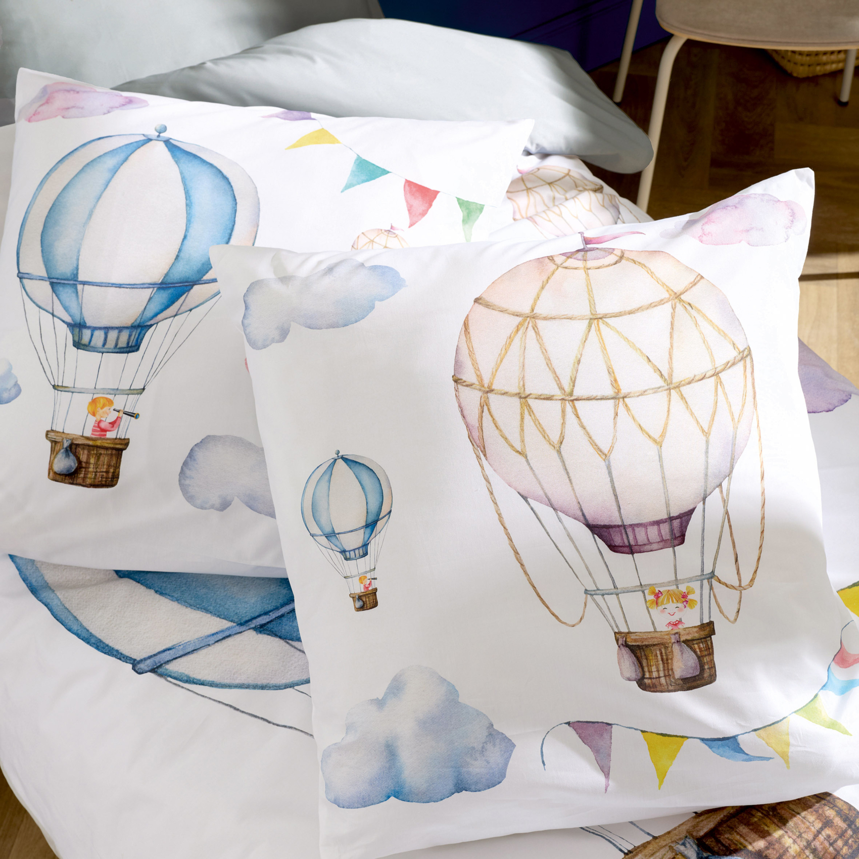 Taie d’oreiller enfant percale de coton montgolfière