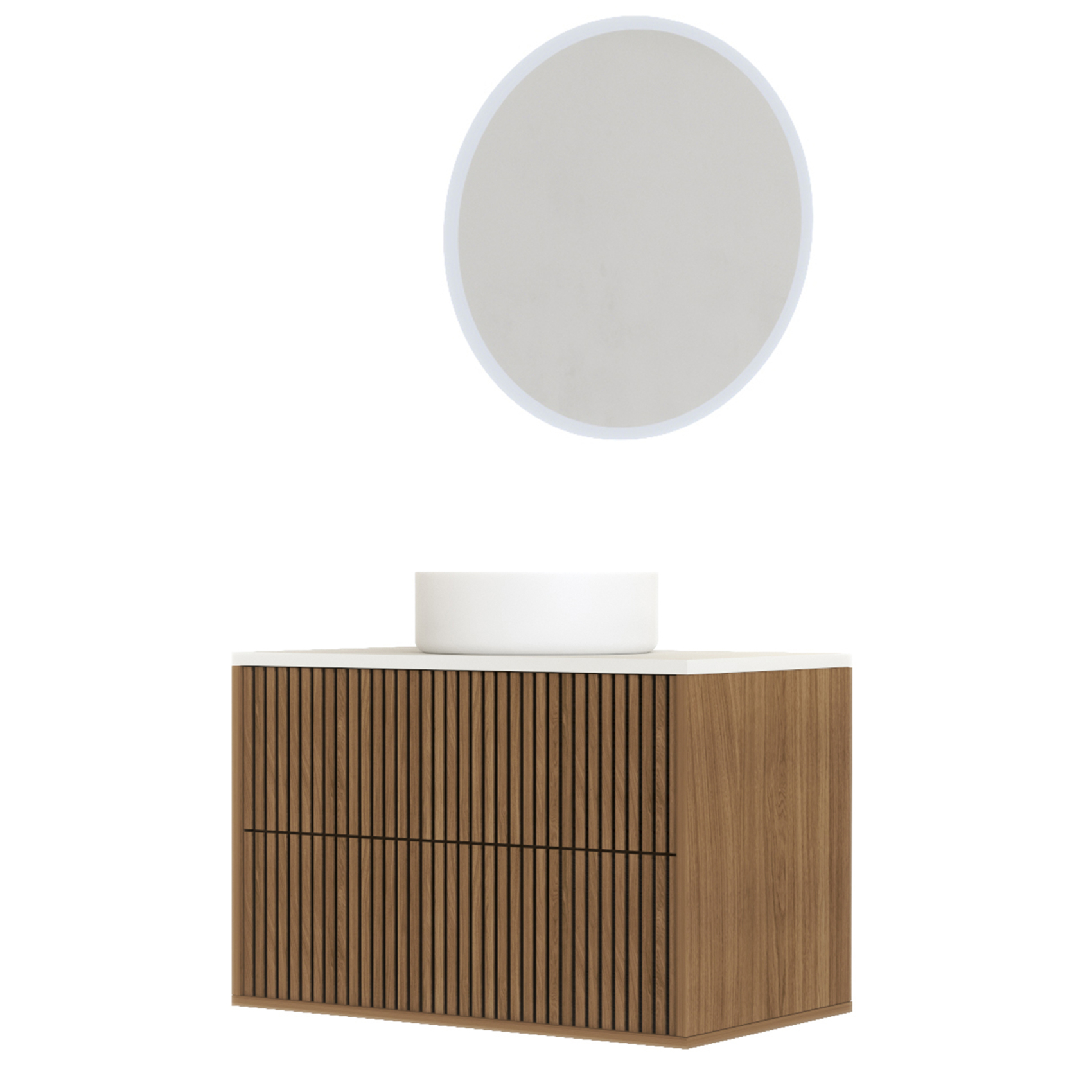 Meuble de salle de bain suspendu avec façade crantée, vasque(s) ronde(s) et miroir(s) LED