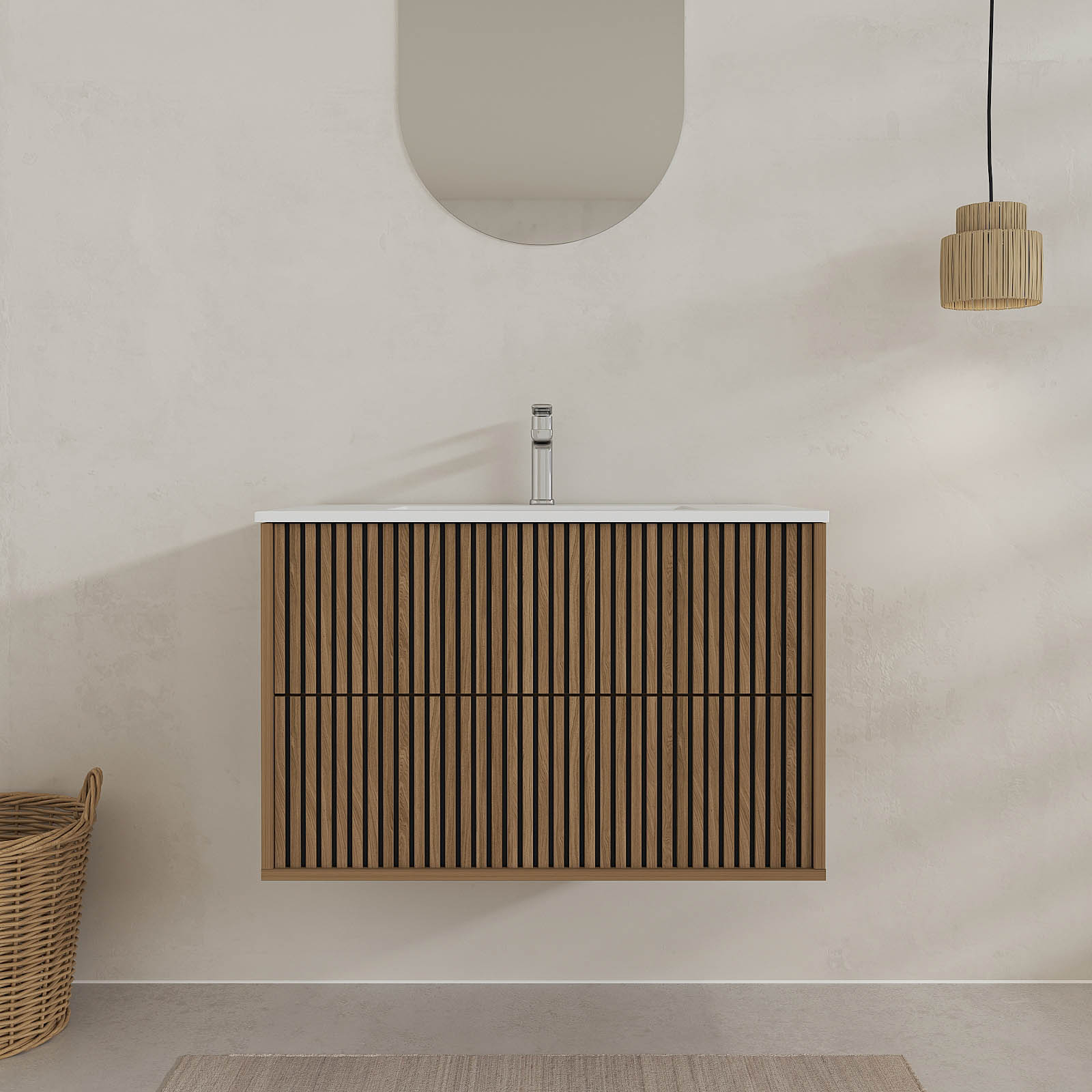 Meuble de salle de bain suspendu avec façade crantée et vasque encastrée — vue 5