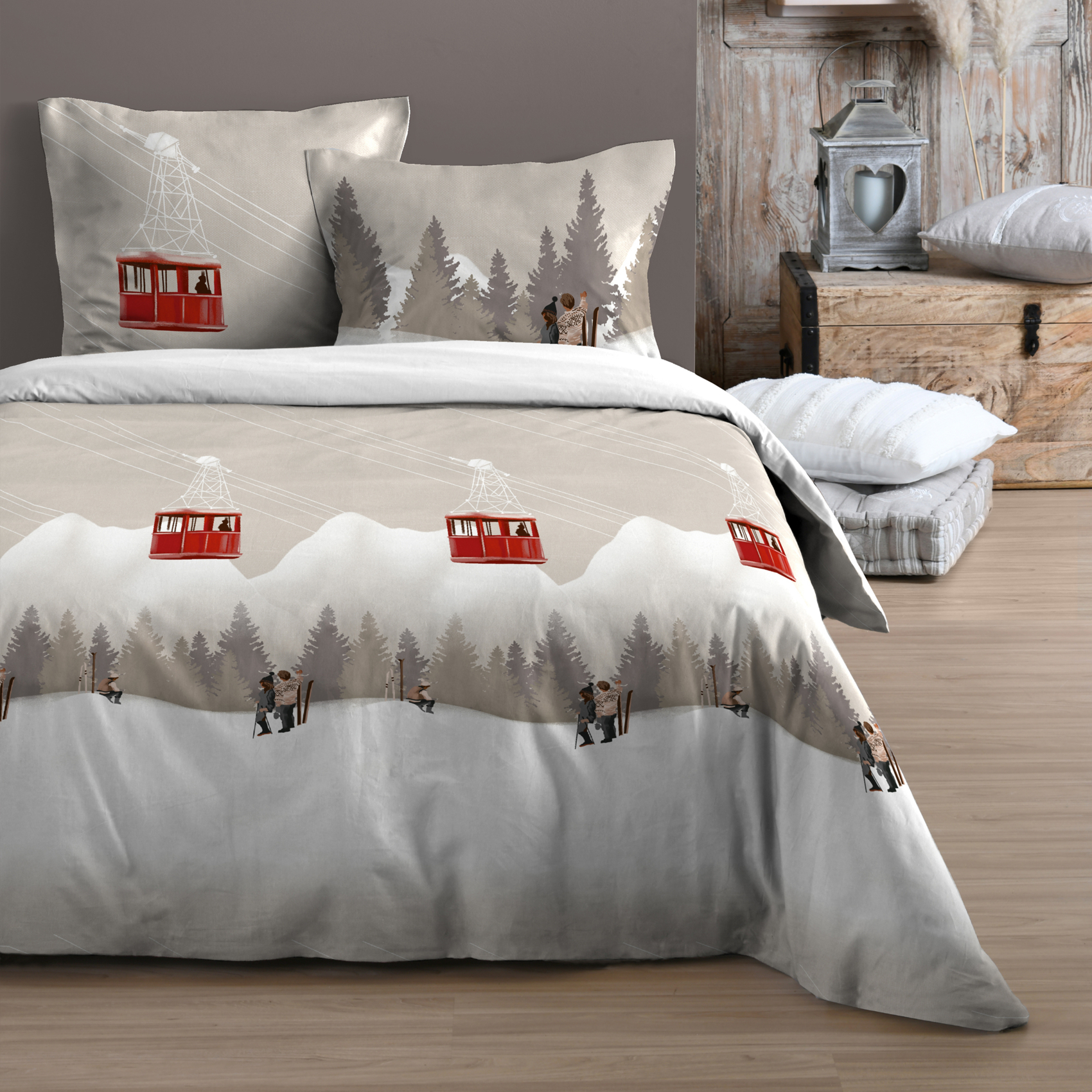 Parure de lit 3 pièces imprimée motif télécabines housse + taies