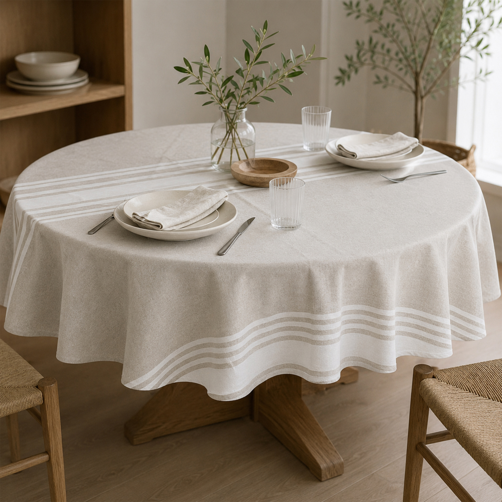 Nappe ronde en polycoton enduit anti-tache à motif rayé — vue 3