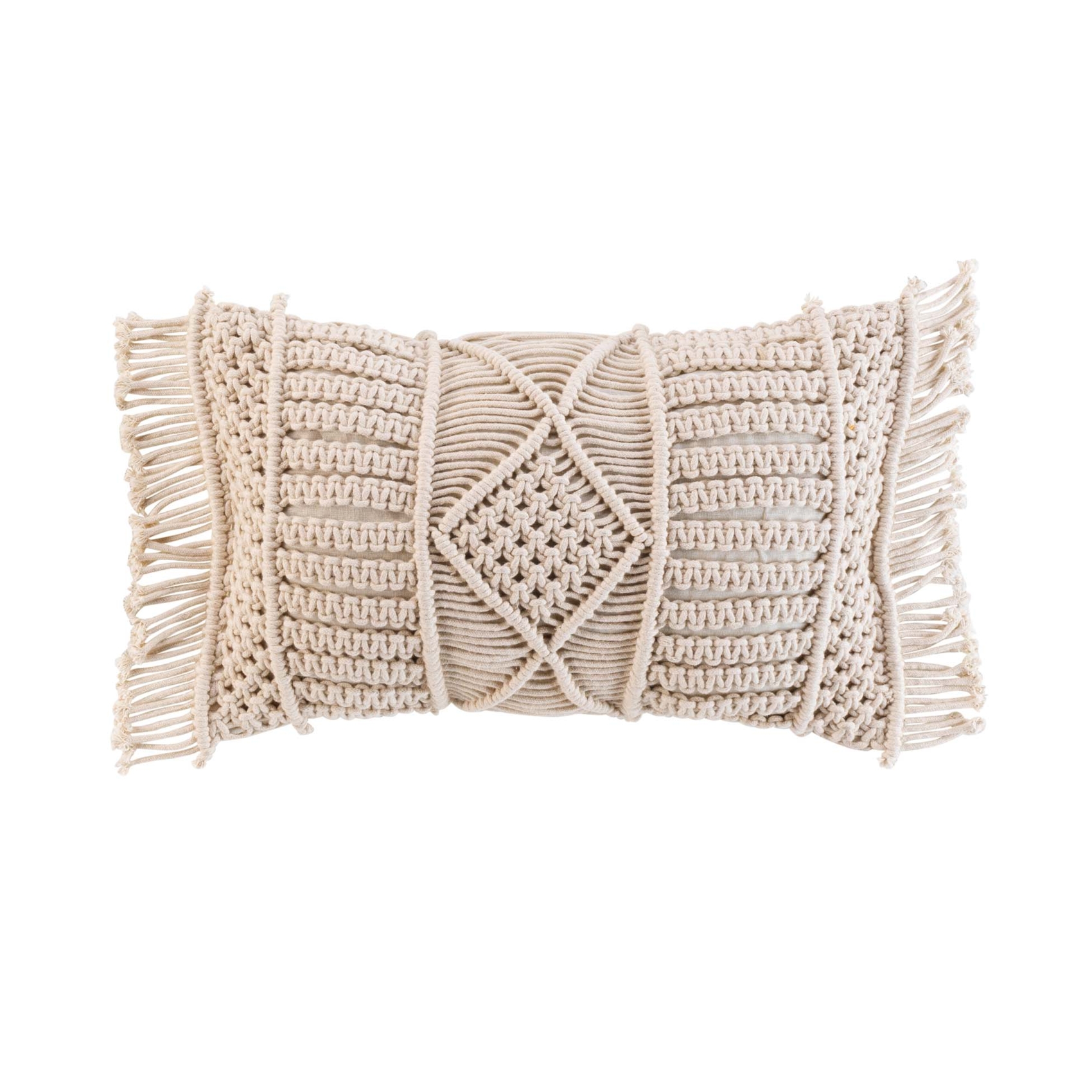 Coussin déhoussable avec franges et macramé