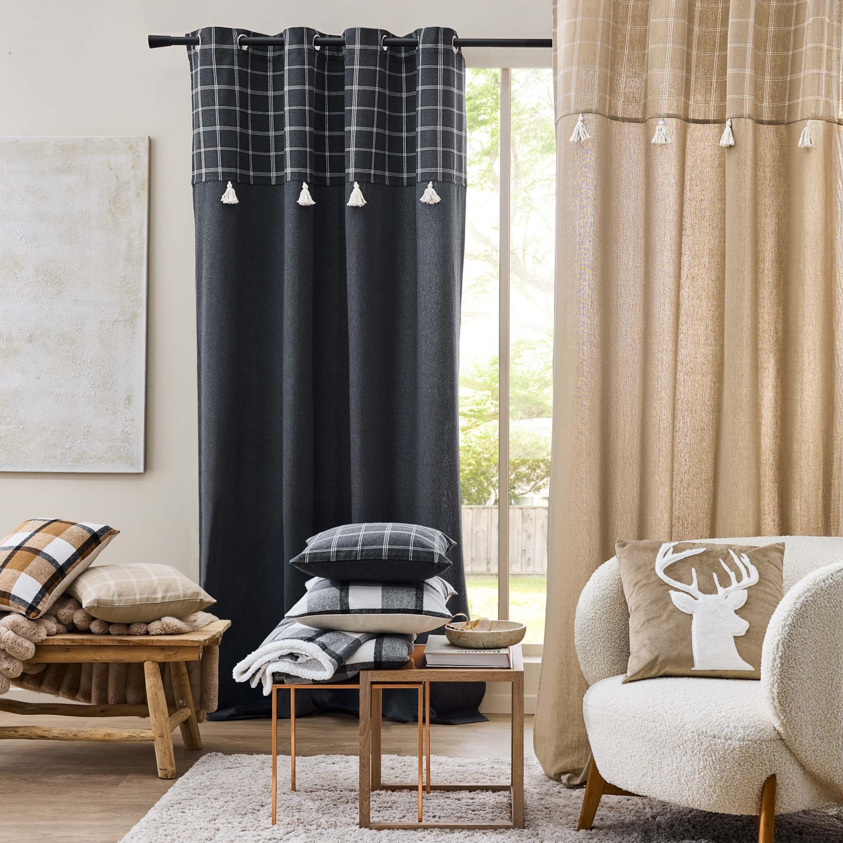 Coussin déhoussable à carreaux en poly-coton tissé — vue 5