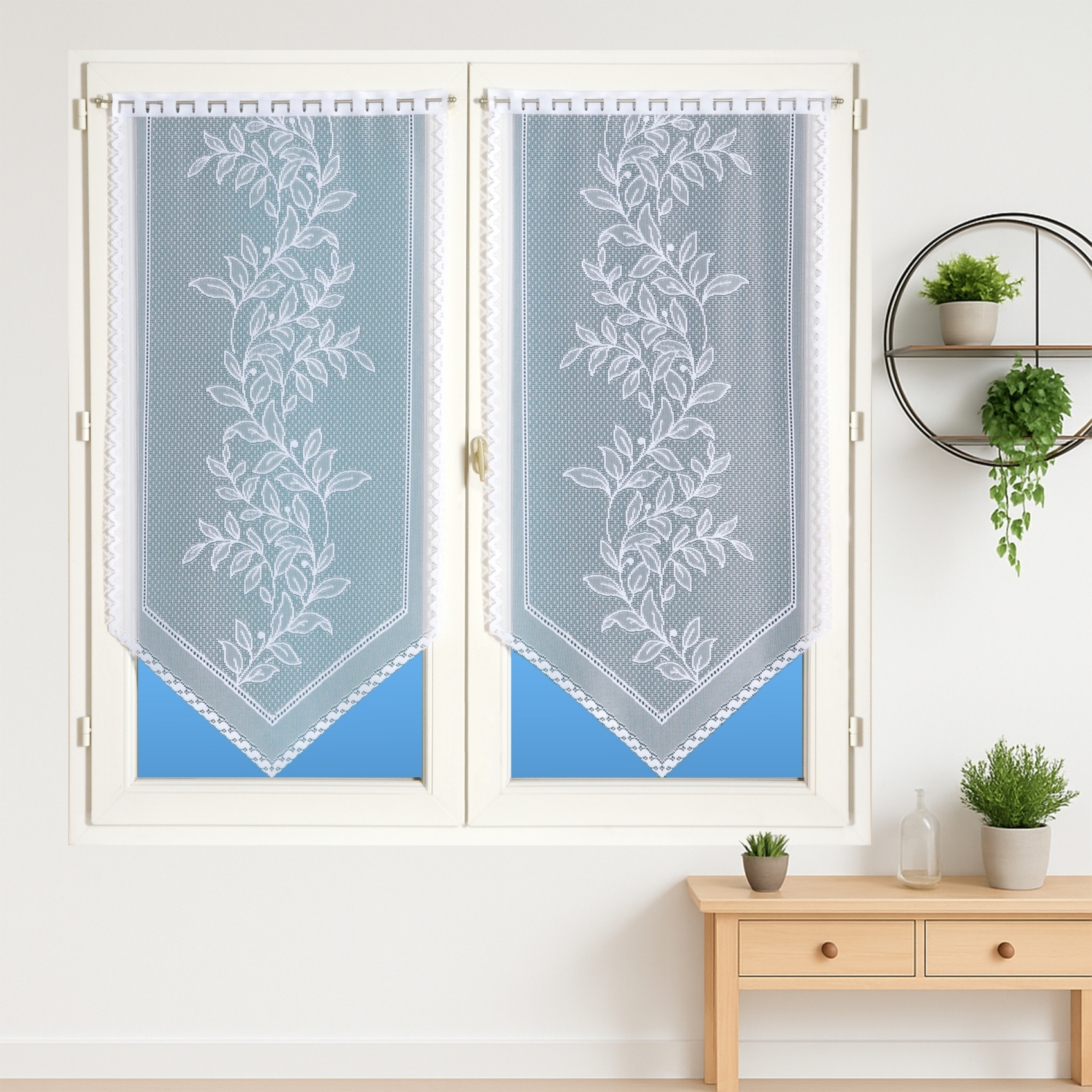 Paire de vitrages base découpée dentelle feuillage