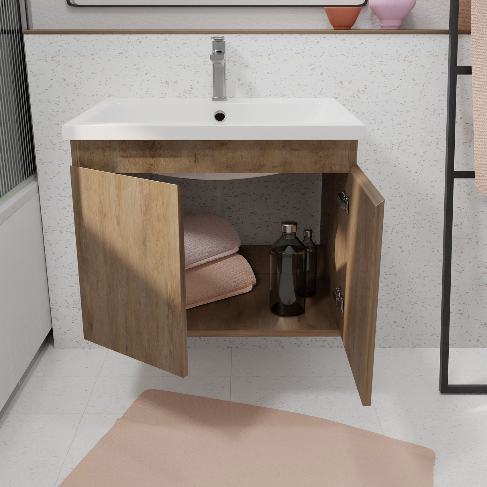 Meuble salle de bain à suspendre en bois avec vasque encastrée — vue 3