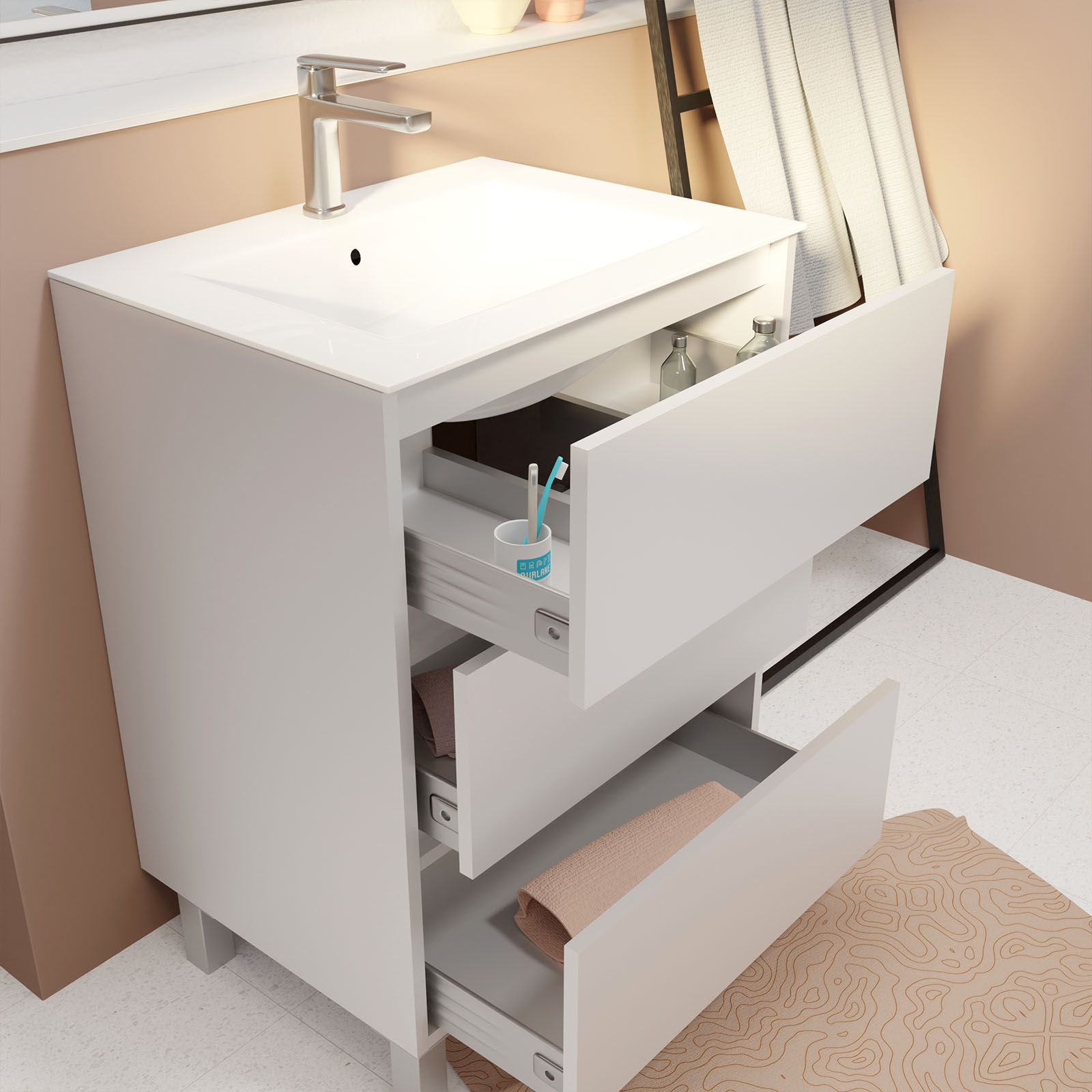 Meuble de salle de bains sur pieds avec 3 tiroirs et vasque en céramique — vue 3
