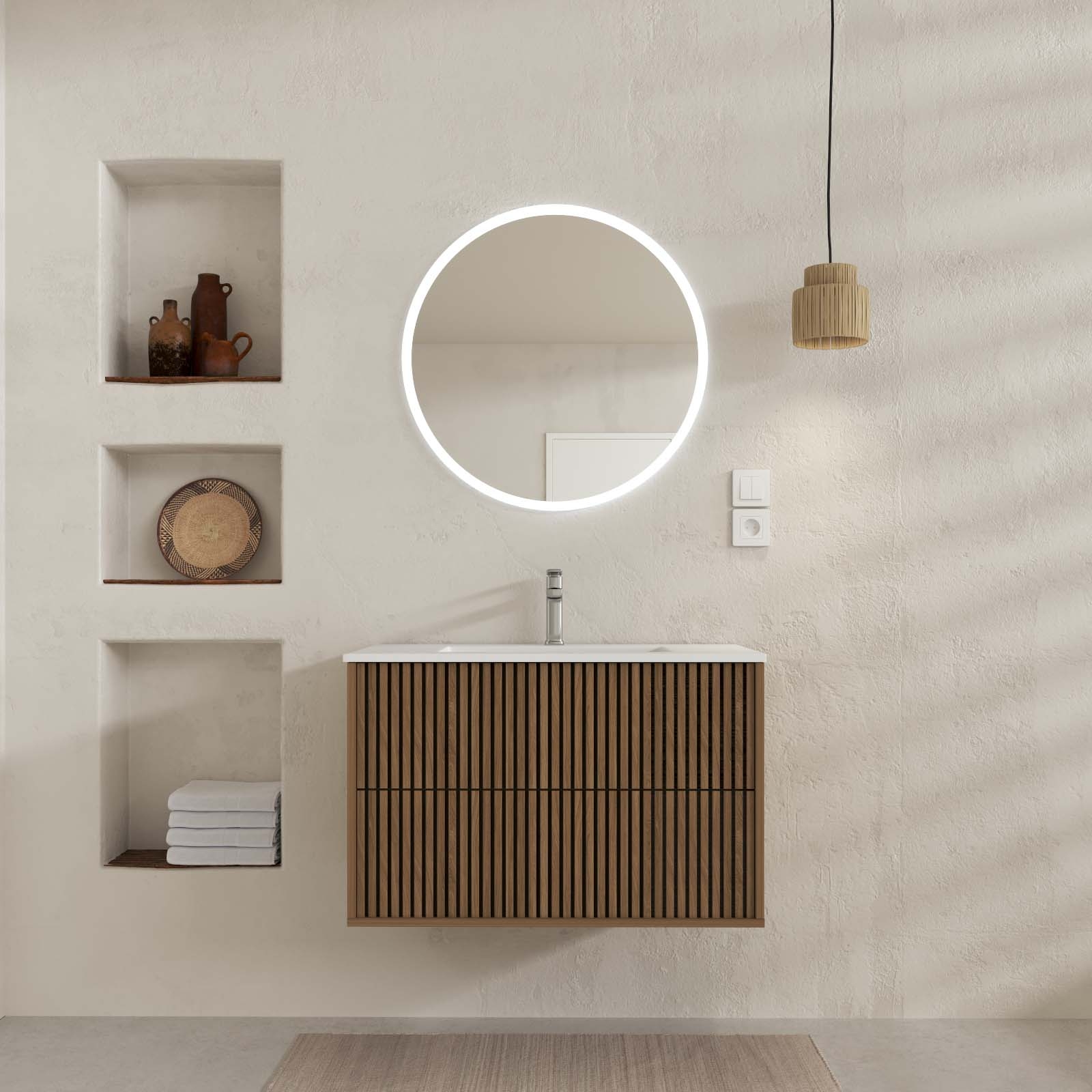 Meuble de salle de bain suspendu avec façade crantée, vasque(s) et miroir(s) LED — vue 6