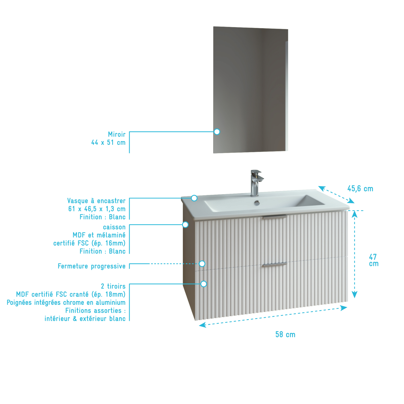 Meuble de salle de bains suspendu texturé 2 tiroirs avec vasque — vue 5