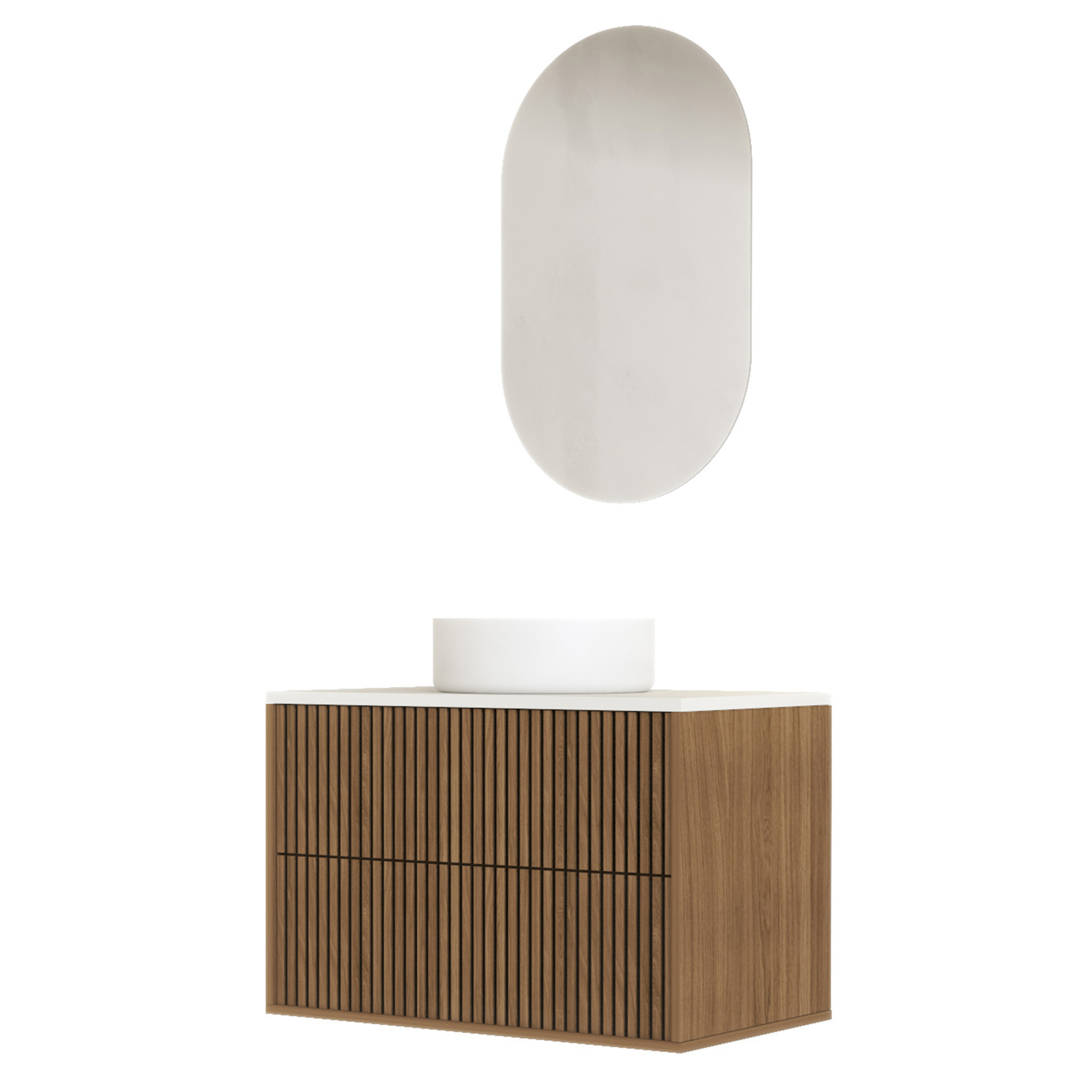 Meuble de salle de bain suspendu avec façade crantée, vasque(s) ronde(s) et miroir(s) ovales