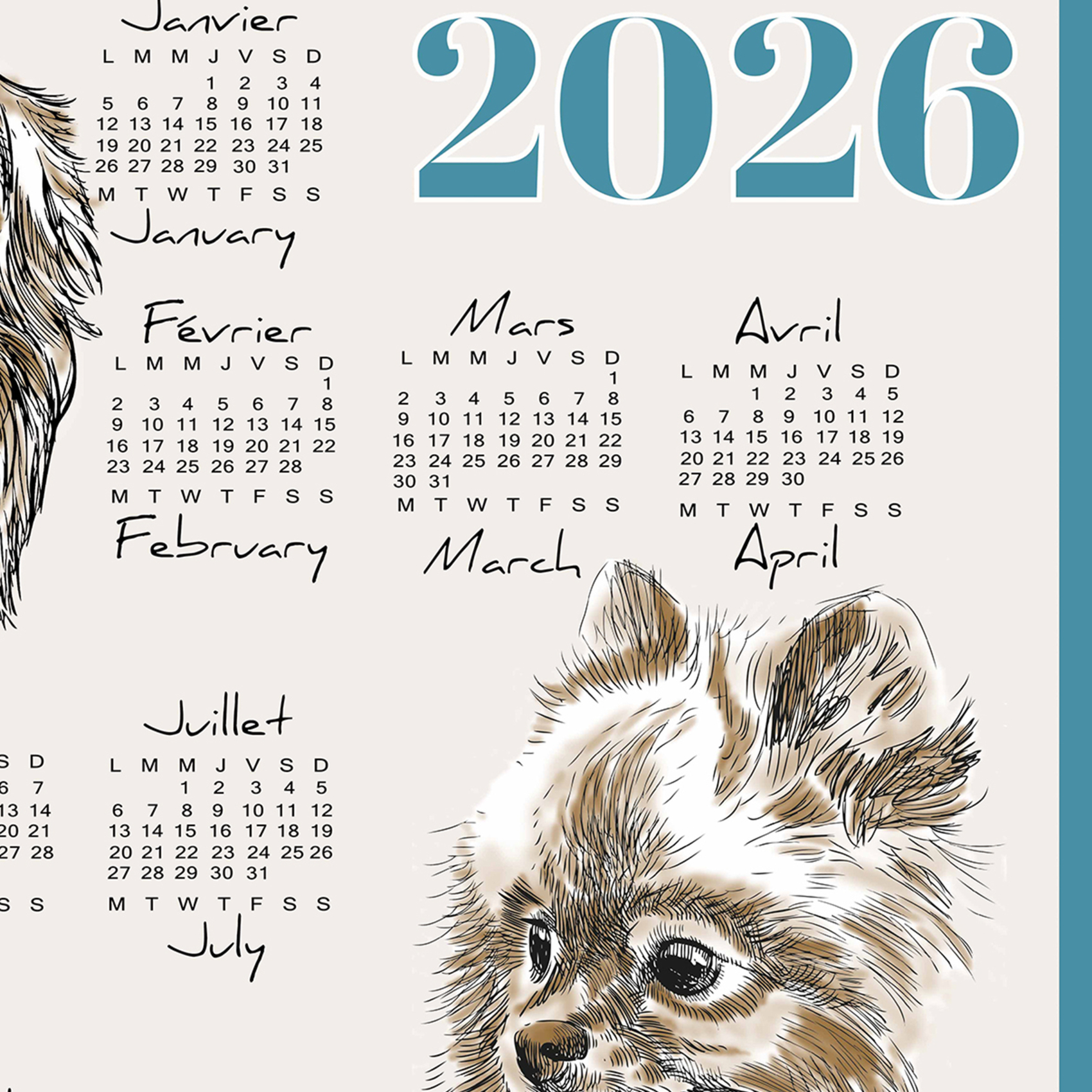 Torchon calendrier 2026 motif chiens coton — vue 3