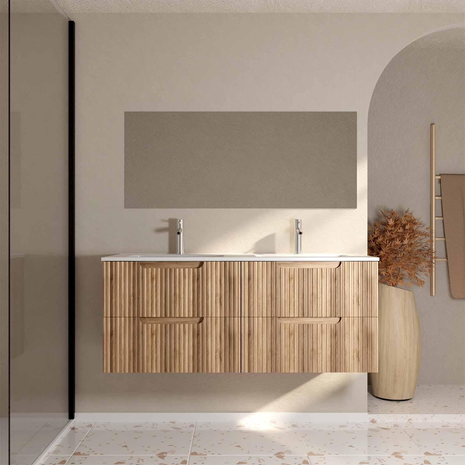 Meuble de salle de bain double vasque encastrée avec façade ondulée et rangements spacieux — vue 4