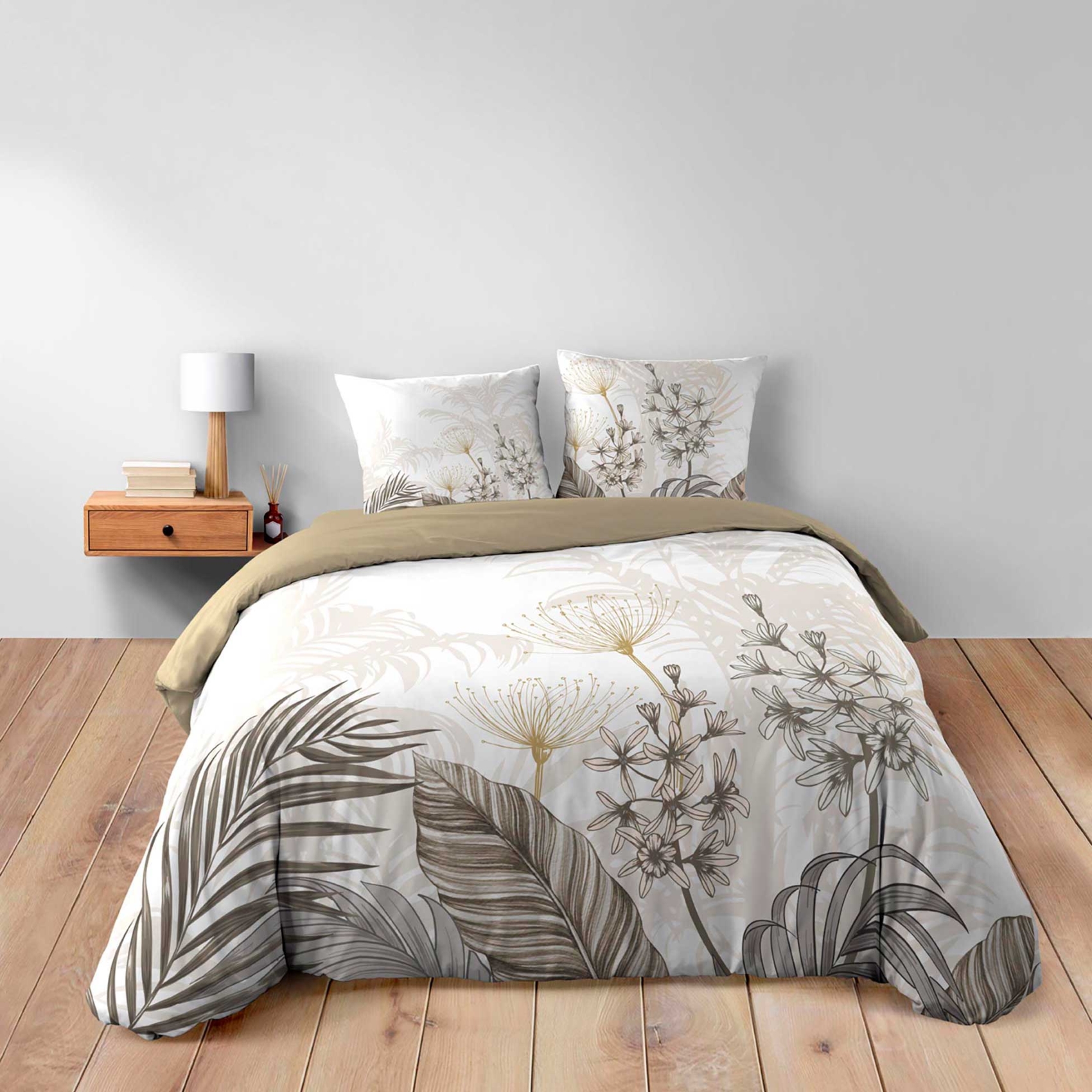 Parure de lit 3 pièces coton motif feuillage floral housse + 2 taies — vue 3