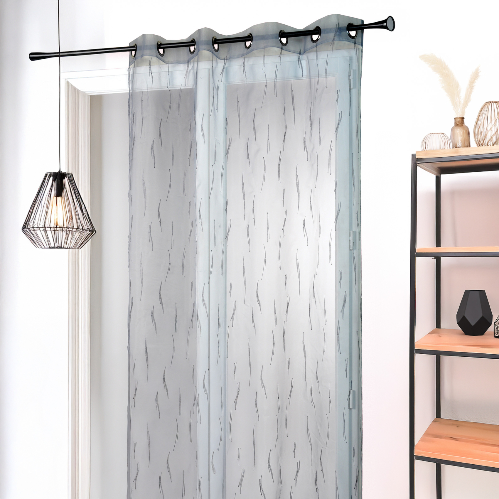 Voilage en Organza Gris Brodé Motif Brindilles