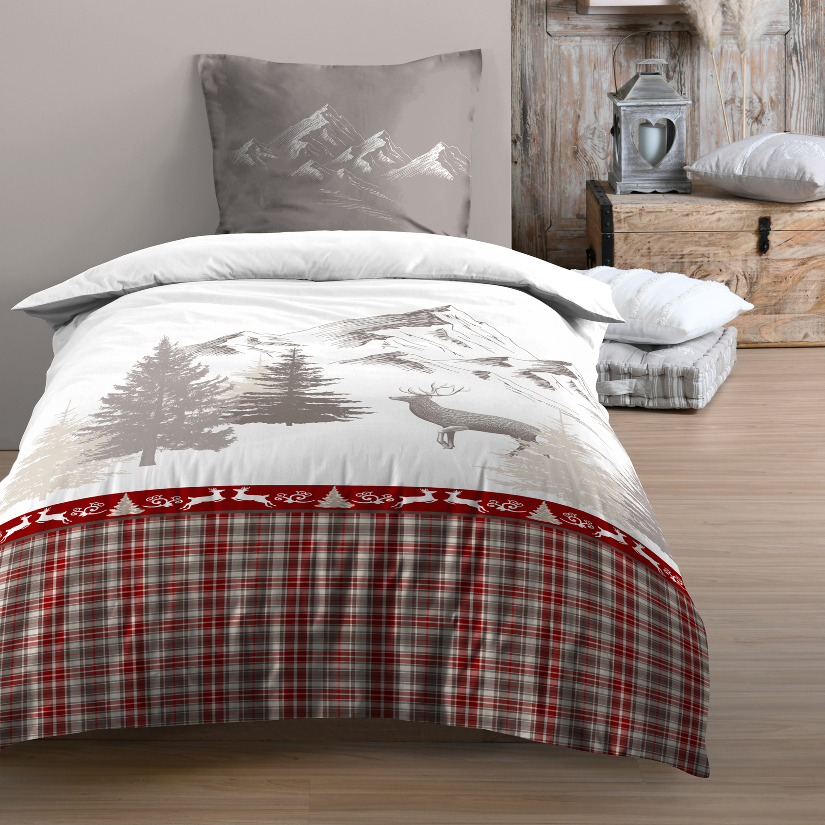 Parure de lit 2 pièces imprimée motif cerf et montagne housse + taie