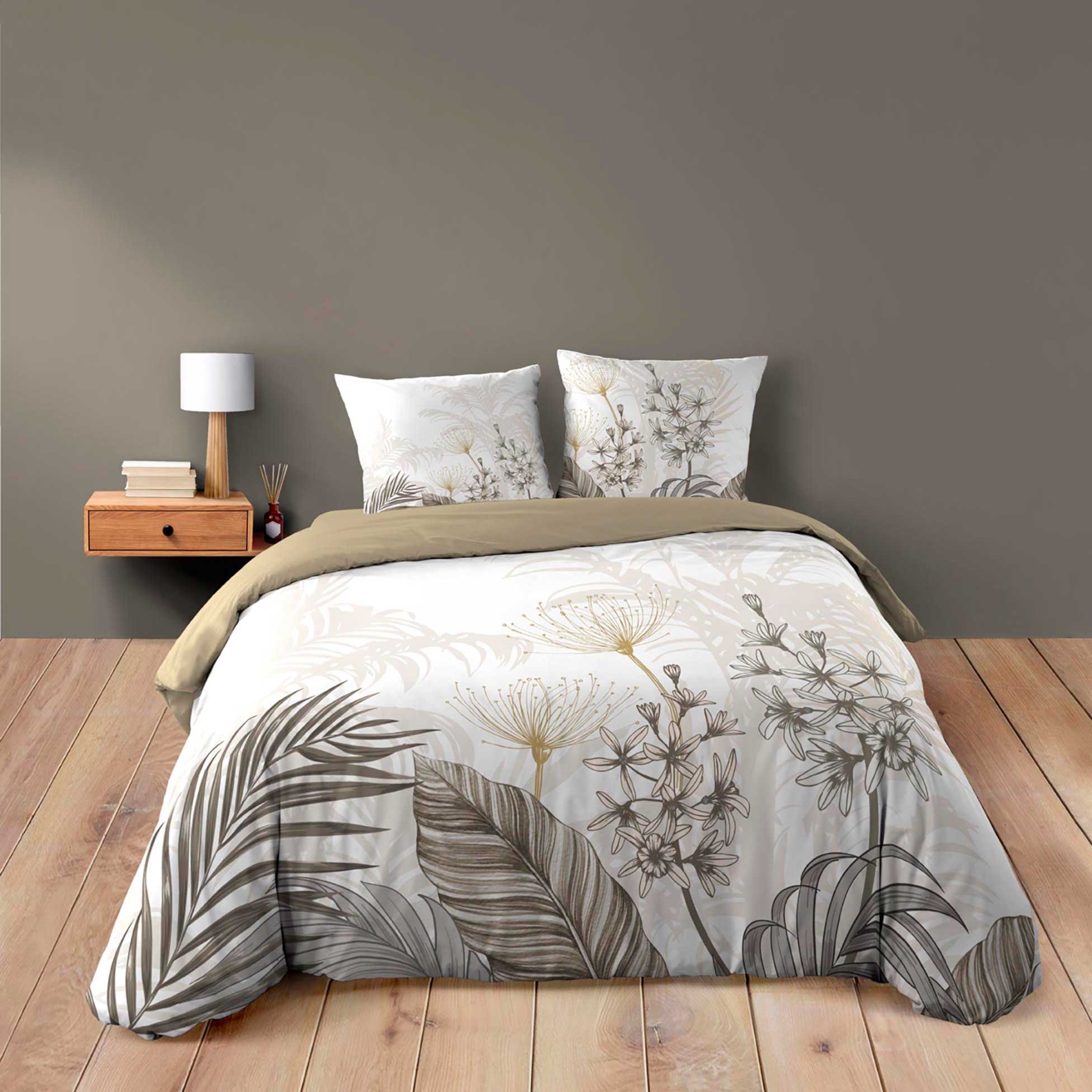 Parure de lit 3 pièces coton motif feuillage floral housse + 2 taies