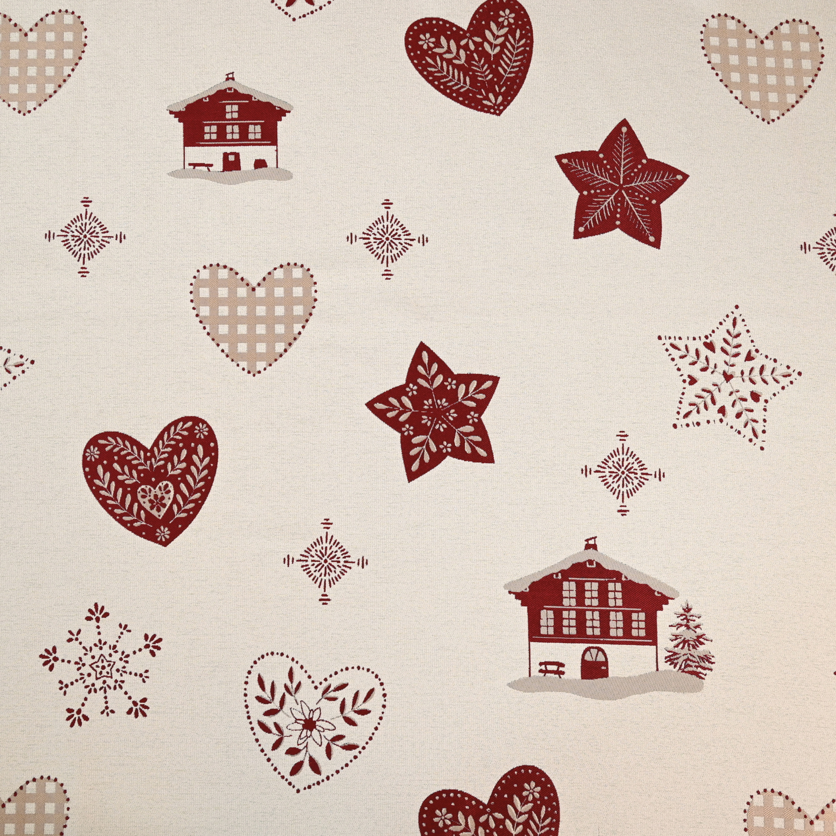 Tissu jacquard d’ameublement avec motifs chalets et cœurs