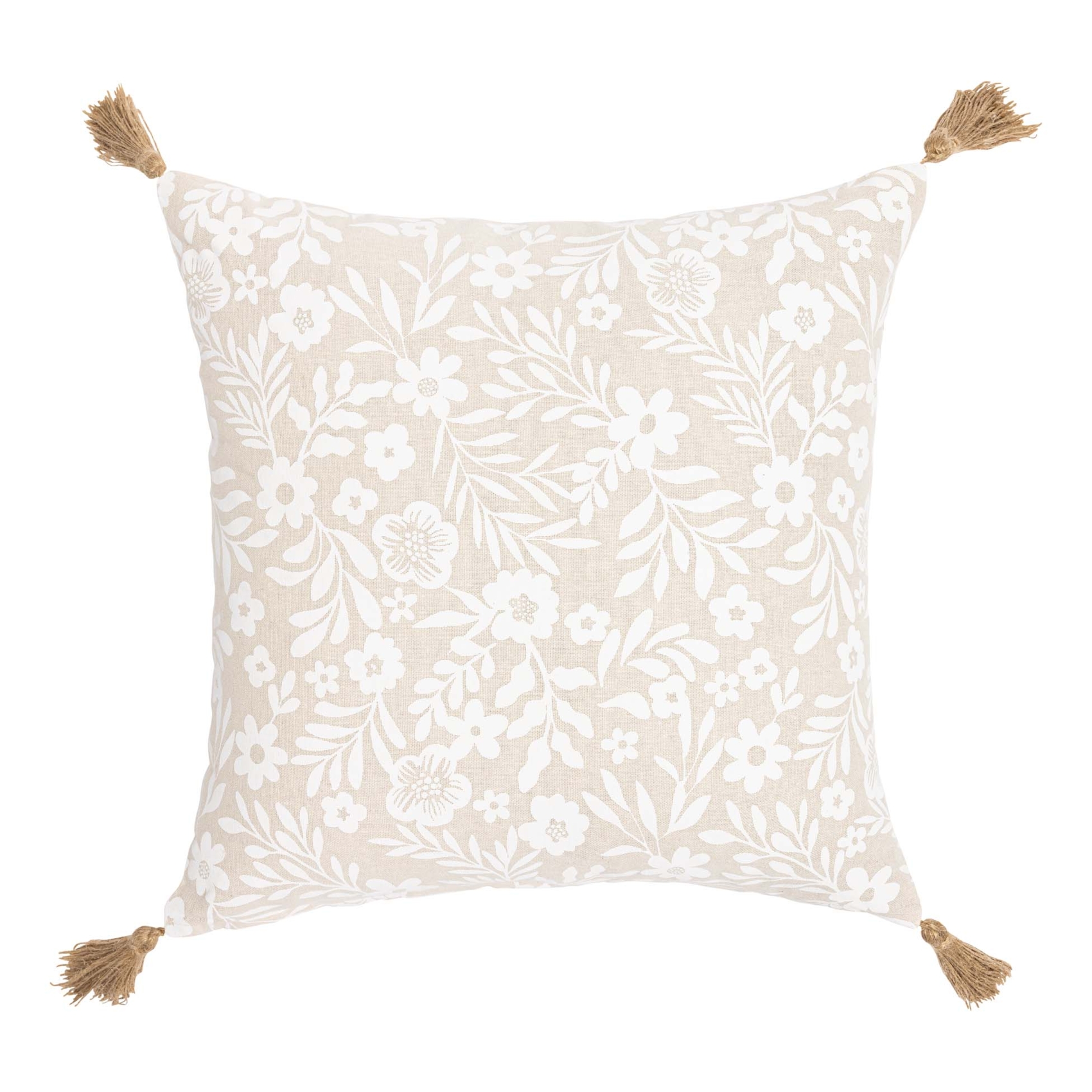 Coussin polycoton imprimé floral à pompons