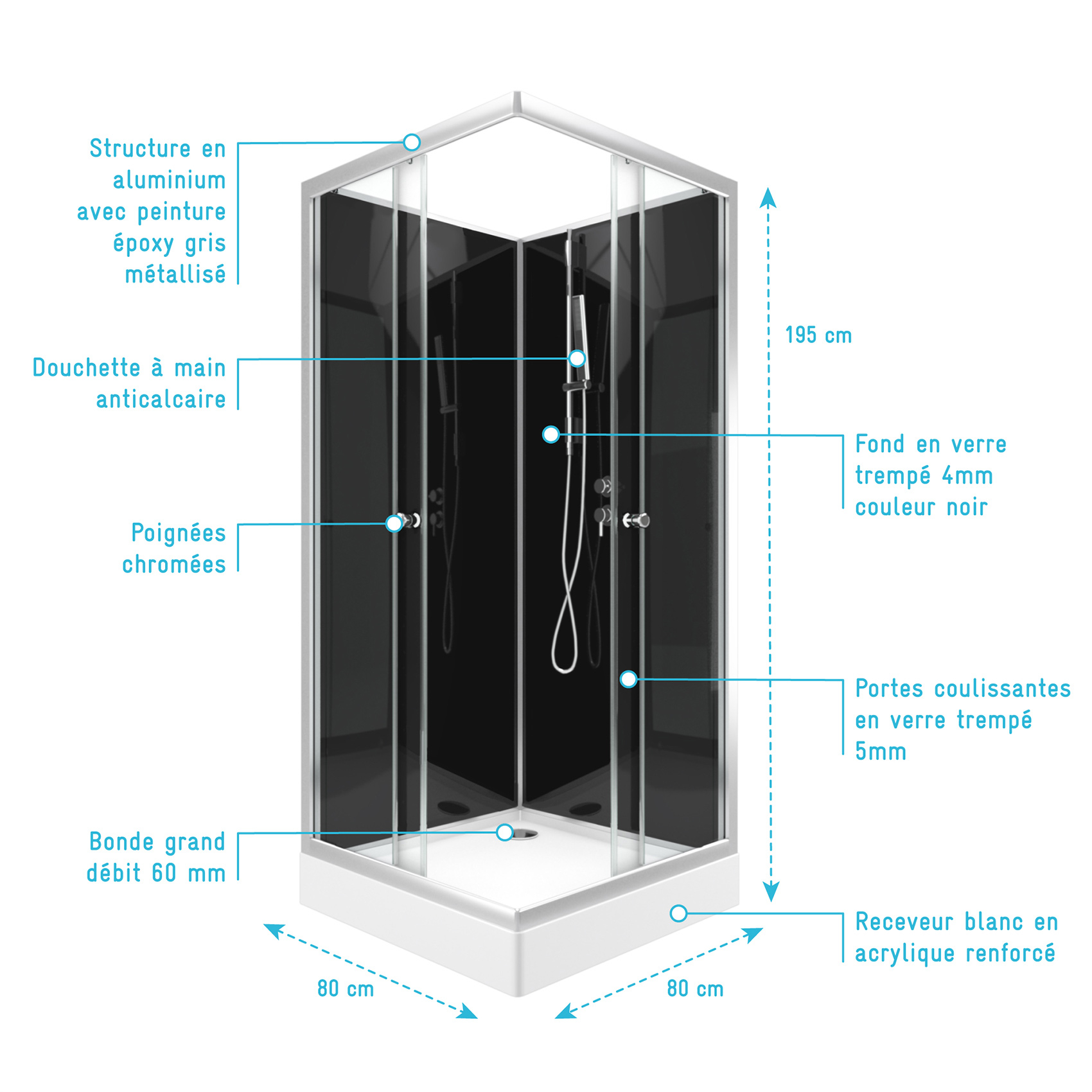 Cabine de douche carrée avec portes coulissantes en verre trempé — vue 5