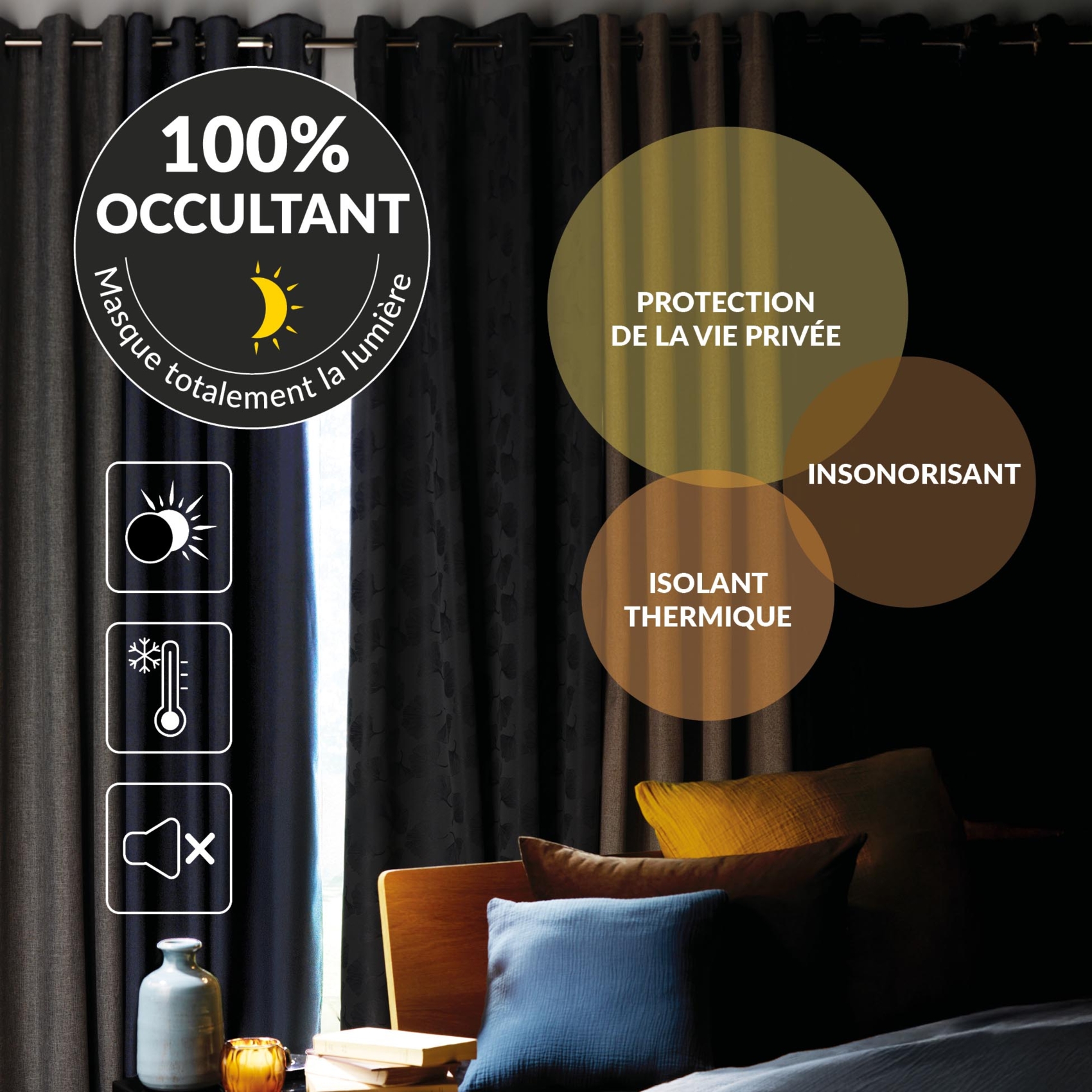 Rideau court occultant, isolant thermique et phonique en chambray — vue 3