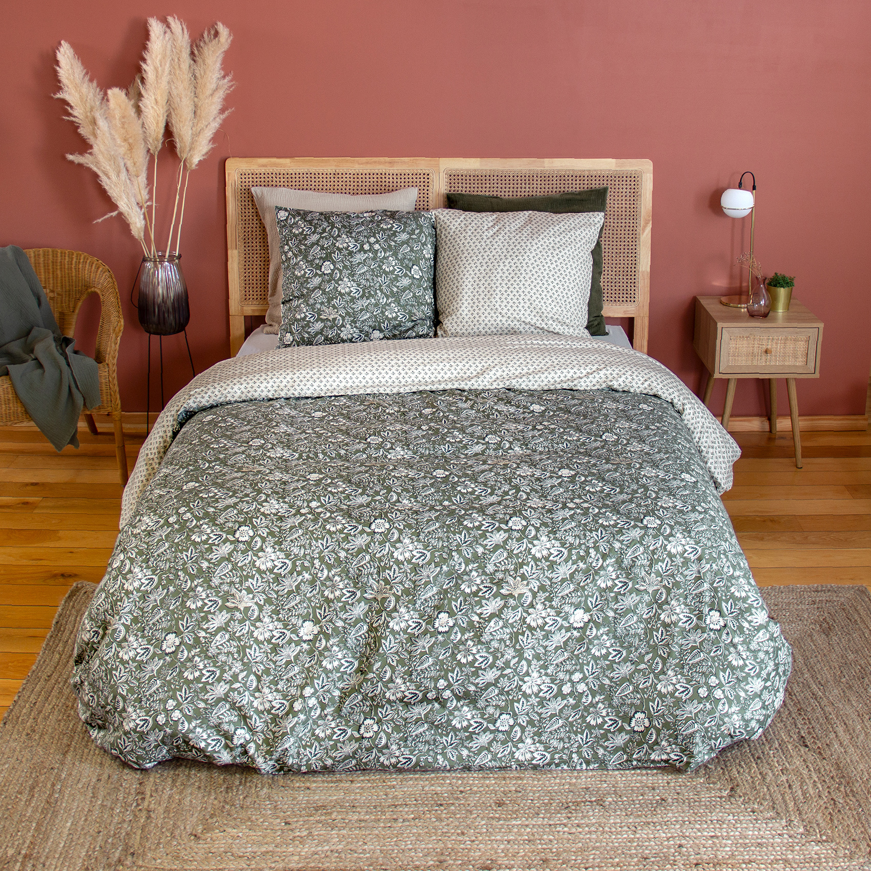 Parure de lit 3 pièces réversible motif floral