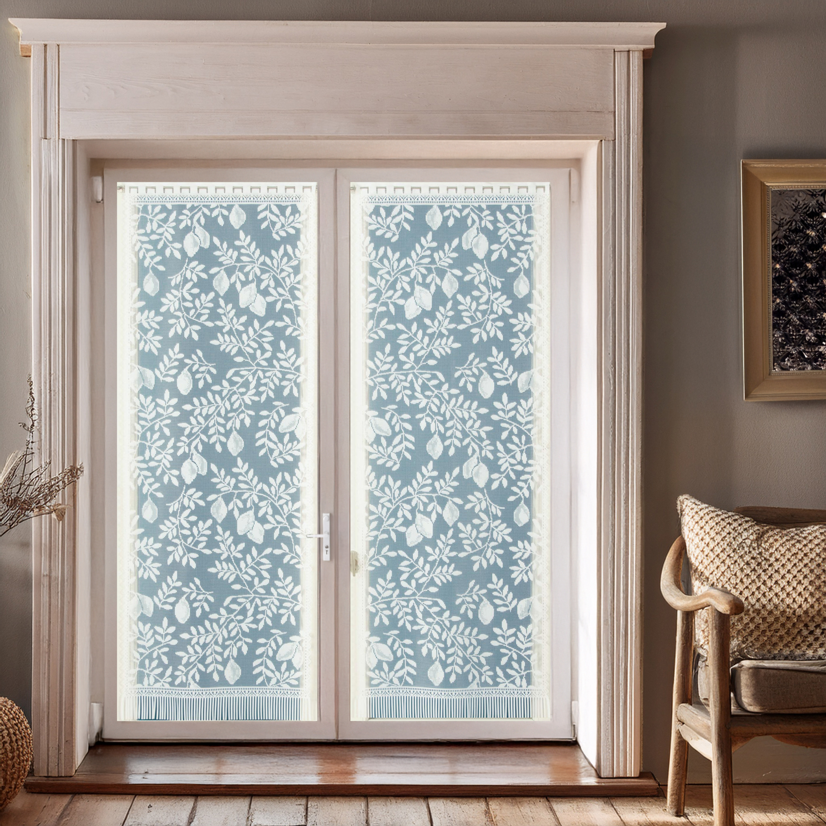 Paire de vitrages frangés dentelle motif feuillage et fruits