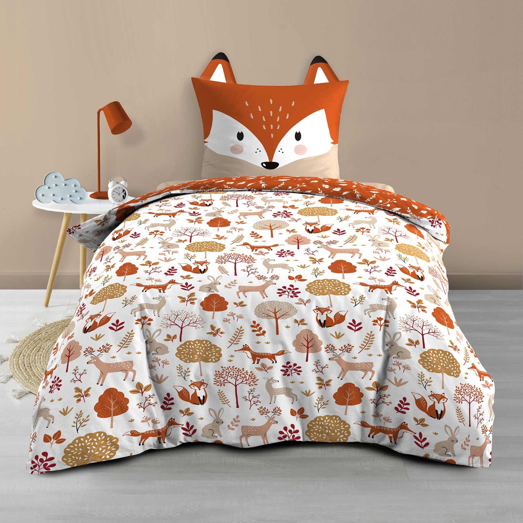 Parure de lit enfant réversible en coton motif renard et nature