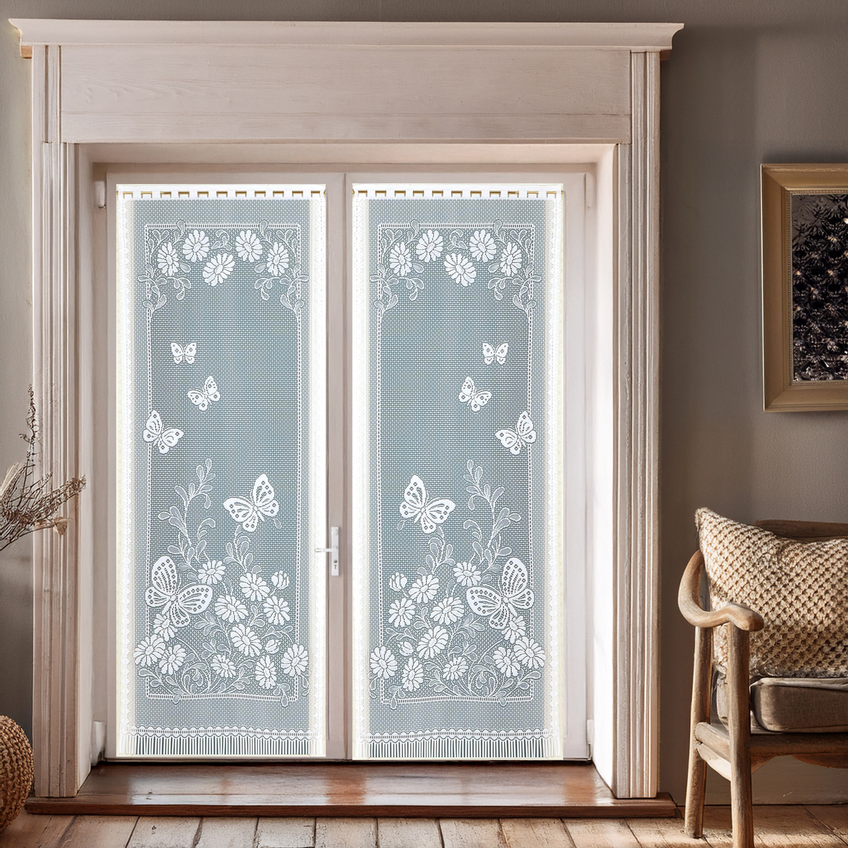 Paire de vitrages frangés et dentellés papillons