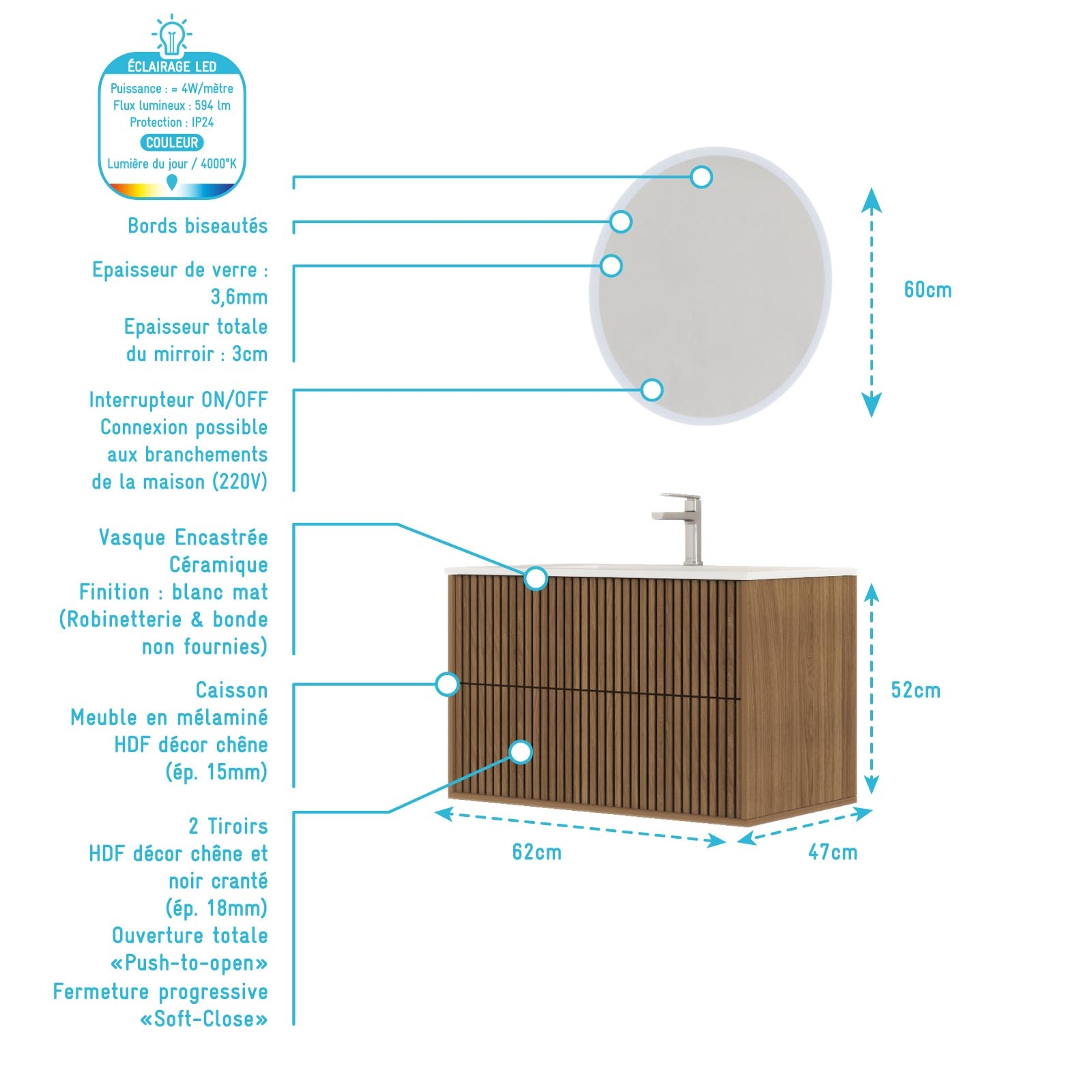 Meuble de salle de bain suspendu avec façade crantée, vasque(s) et miroir(s) LED — vue 4