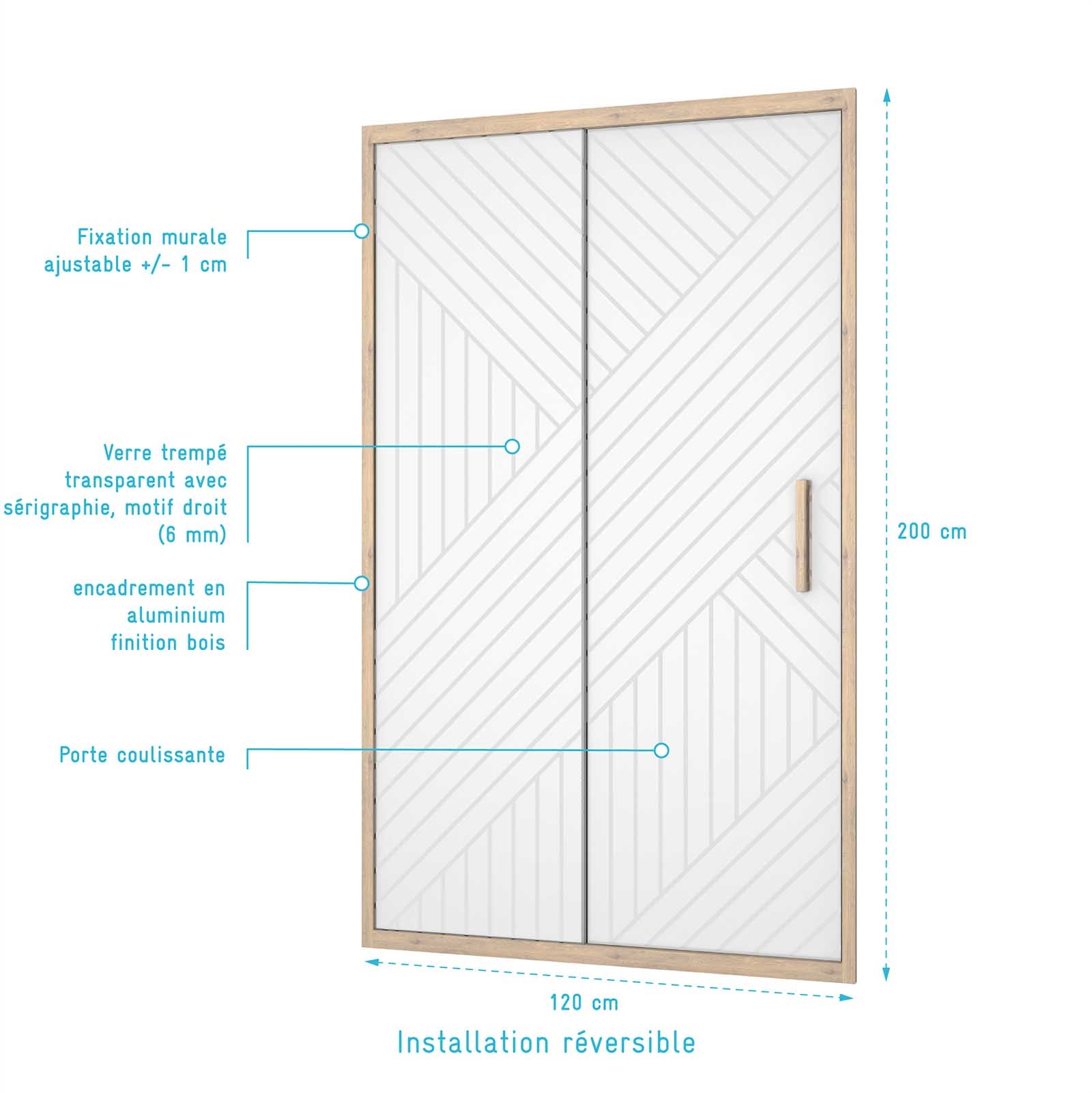 Porte de douche coulissante verre sérigraphié motif géométrique finition bois — vue 3