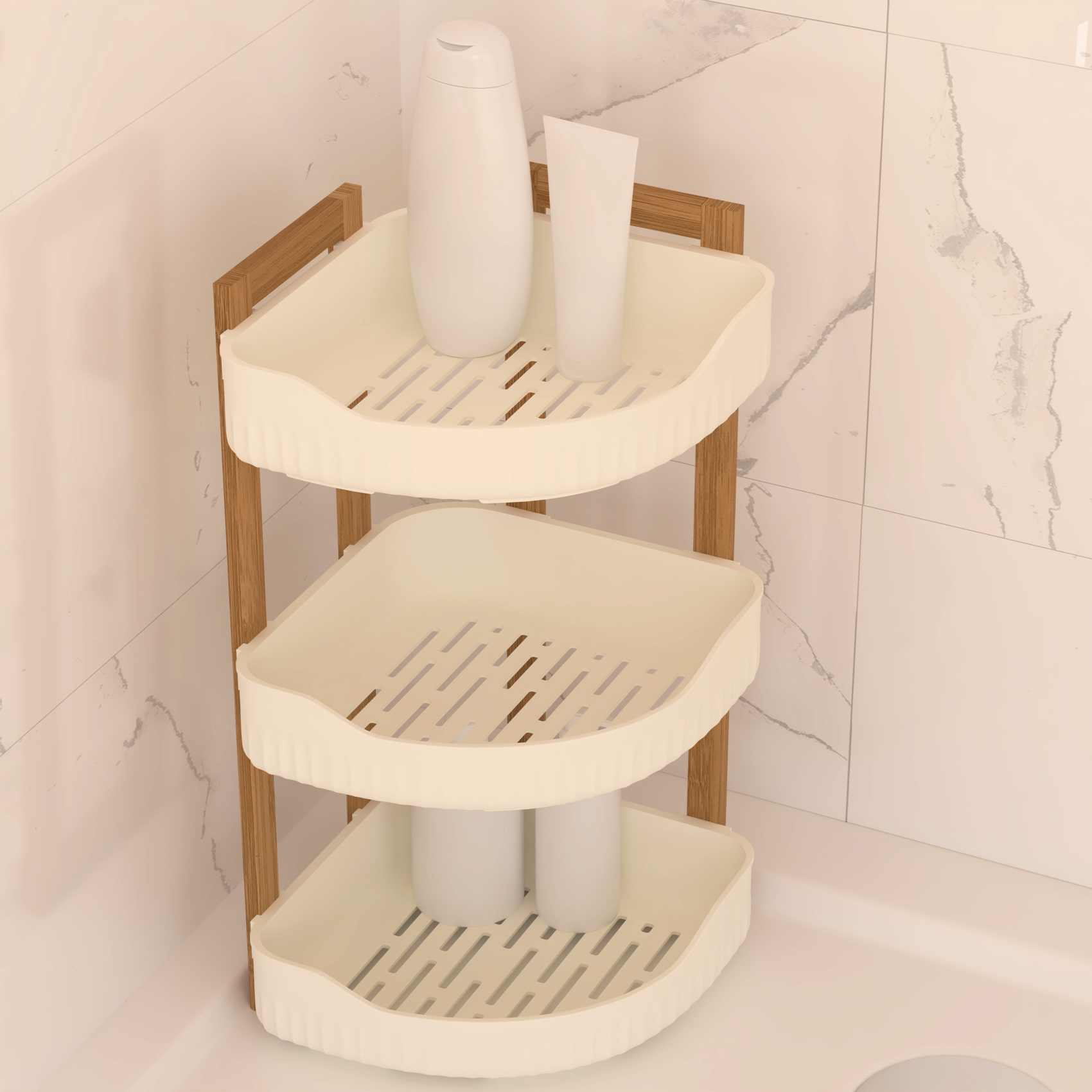 Étagère de douche d’angle 3 niveaux bambou et plastique — vue 3