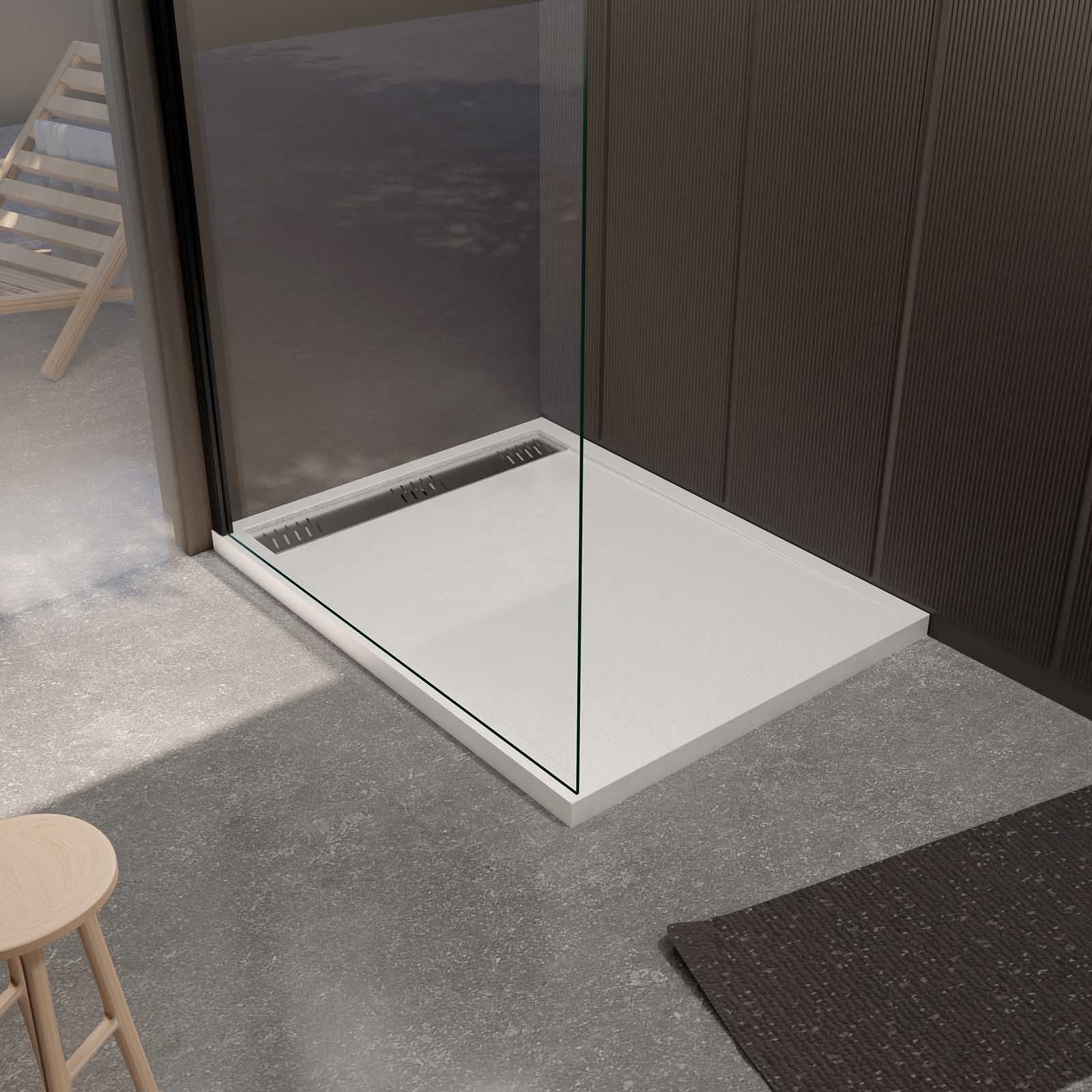 Receveur de douche extra-plat en résine effet pierre  grille linéaire chrome — vue 6