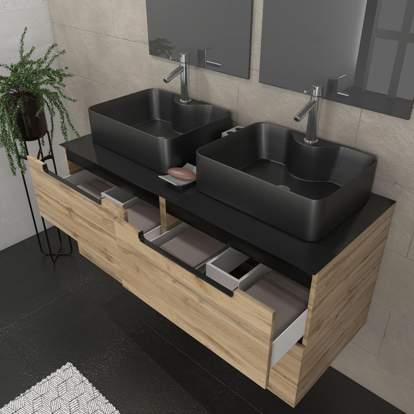 Ensemble de salle de bains avec 2 vasques rectangulaires et 2 miroirs rectangulaires à led — vue 4