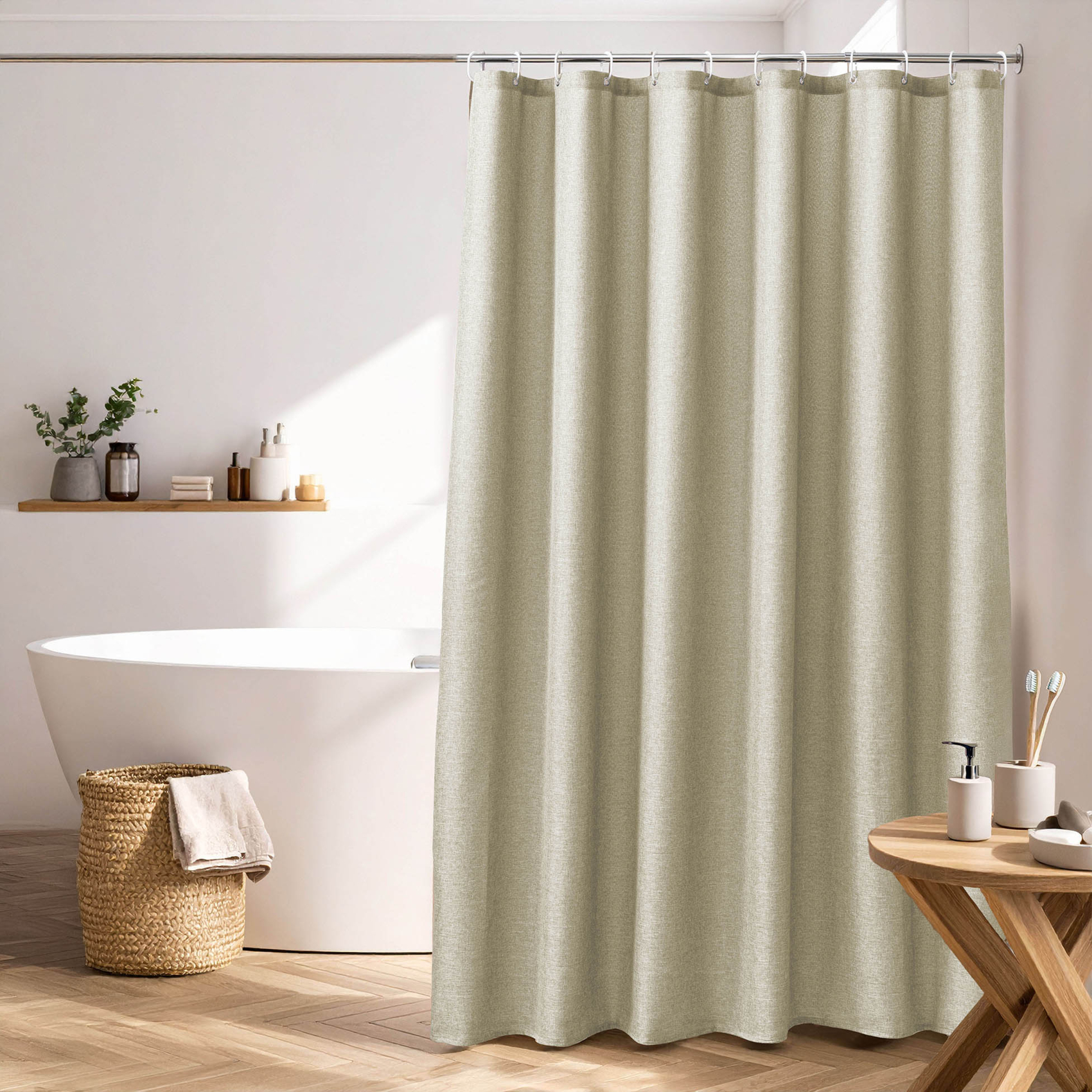 Rideau de douche uni aspect chambray avec crochets — vue 5