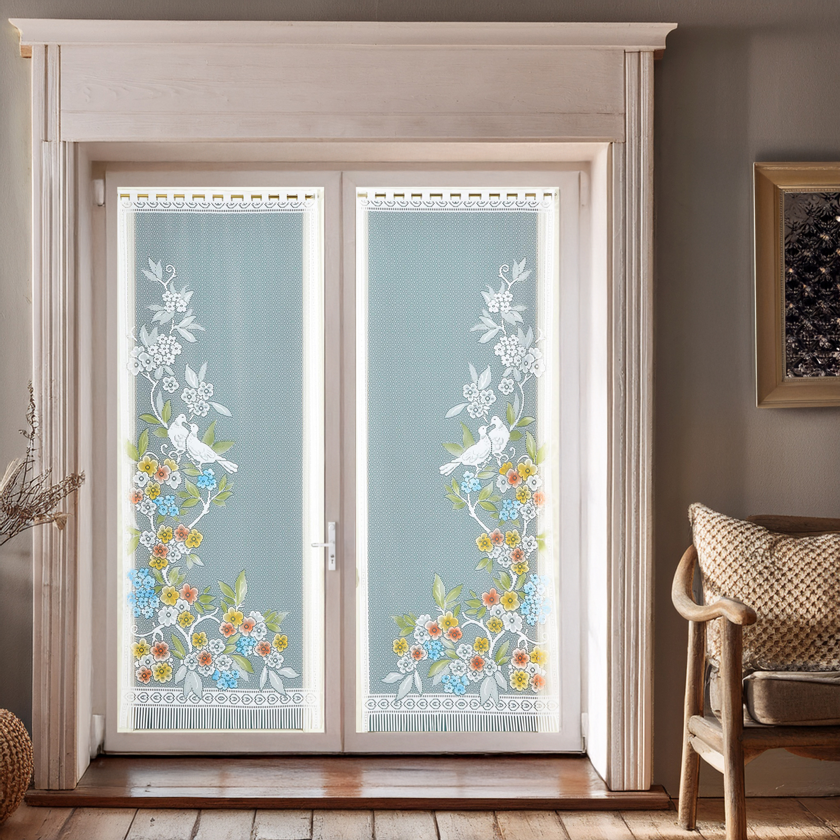 Paire de vitrages frangés en dentelle oiseaux et fleurs — vue 4