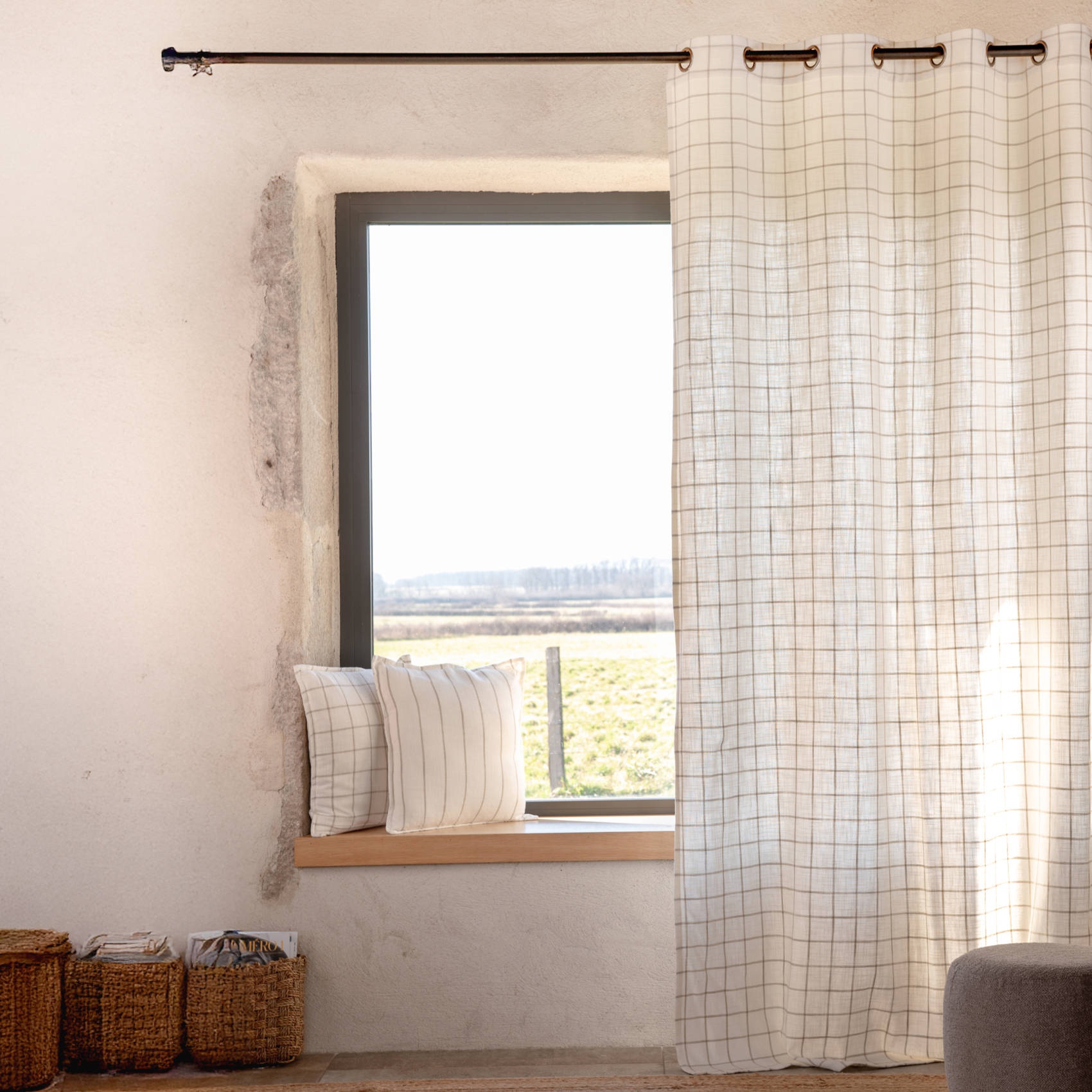 Rideau 100% coton à carreaux beige LOURMARIN