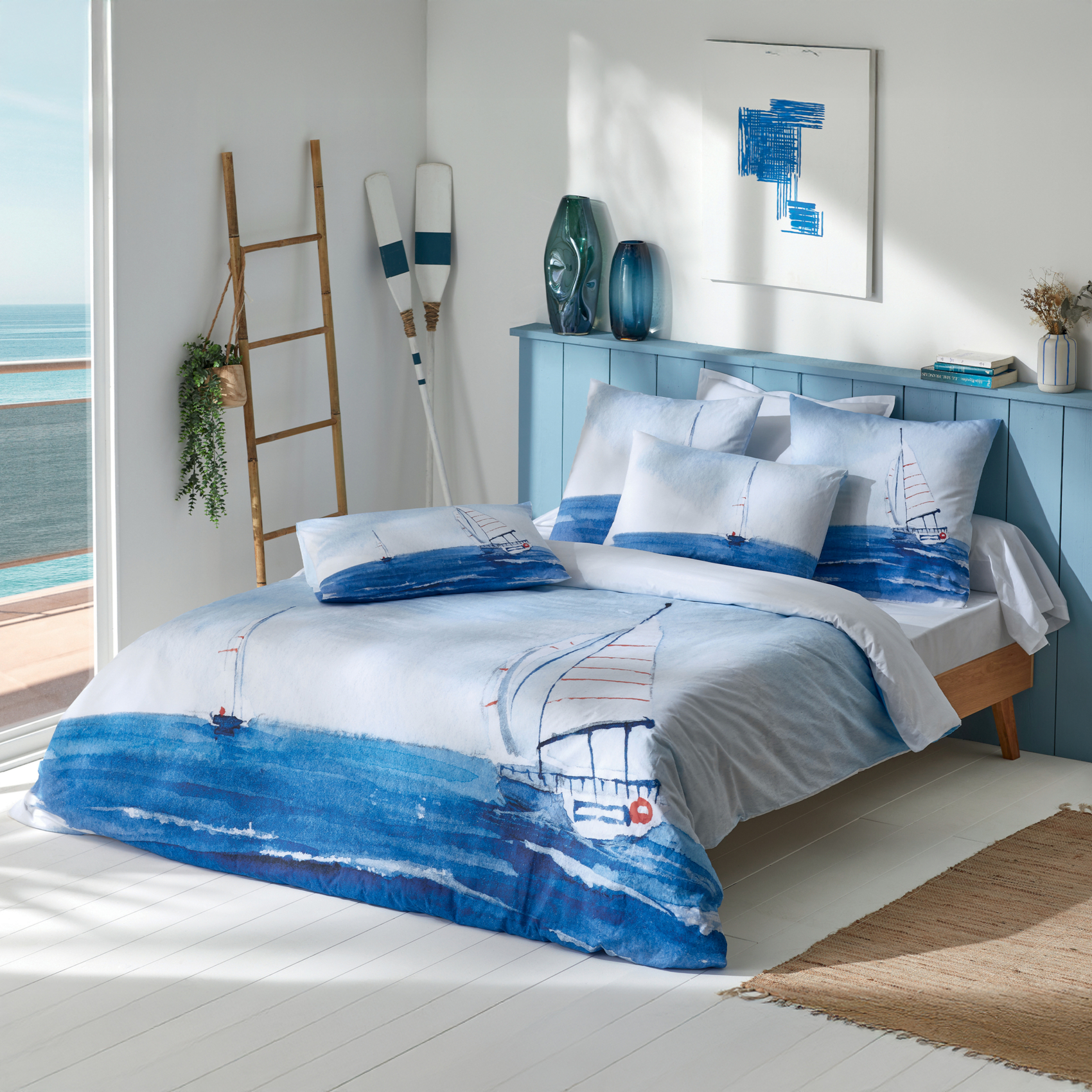 Parure de lit 2 pièces percale de coton voilier marin housse + taie