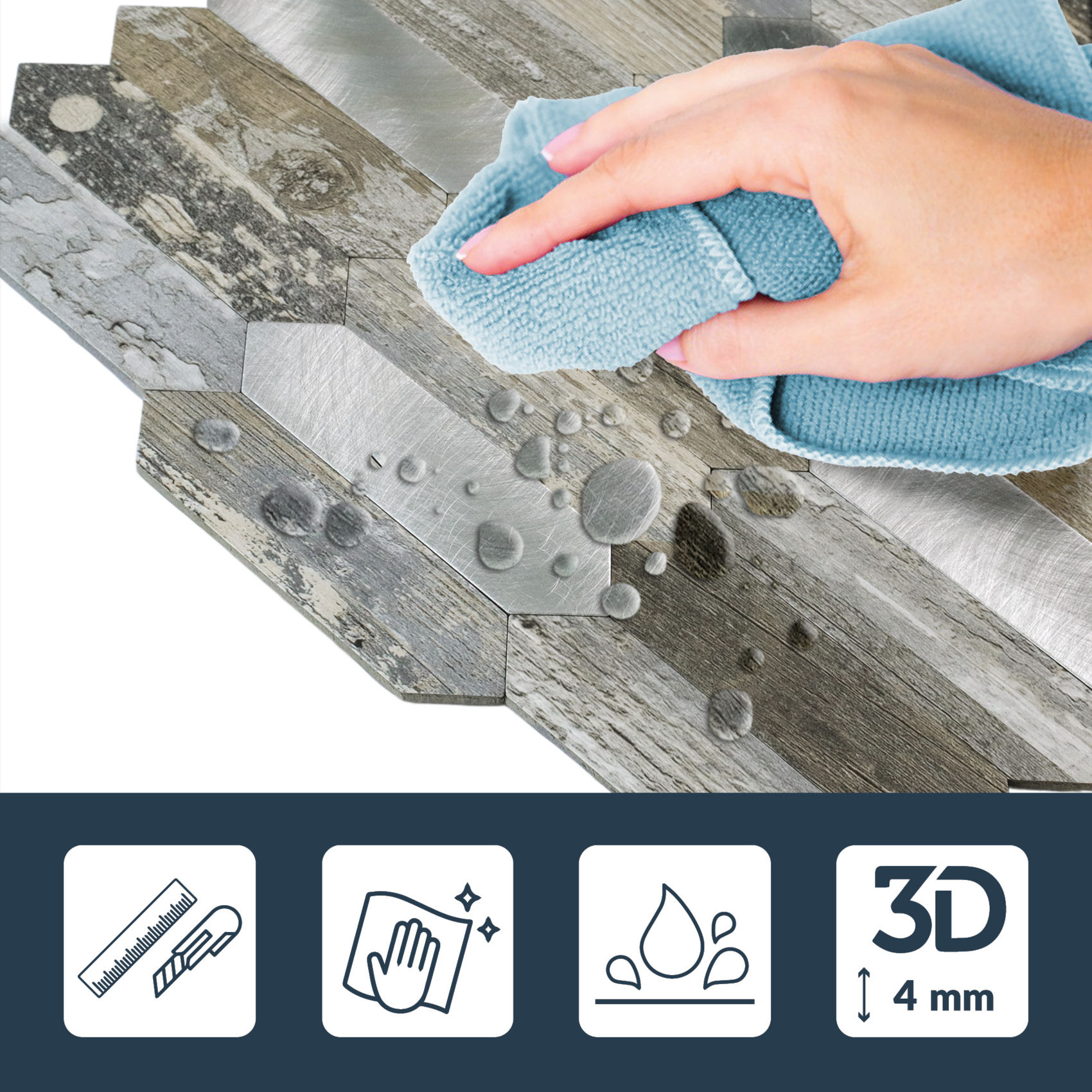 Lot de 4 crédences adhésives murales 3D effet bois et métal — vue 5