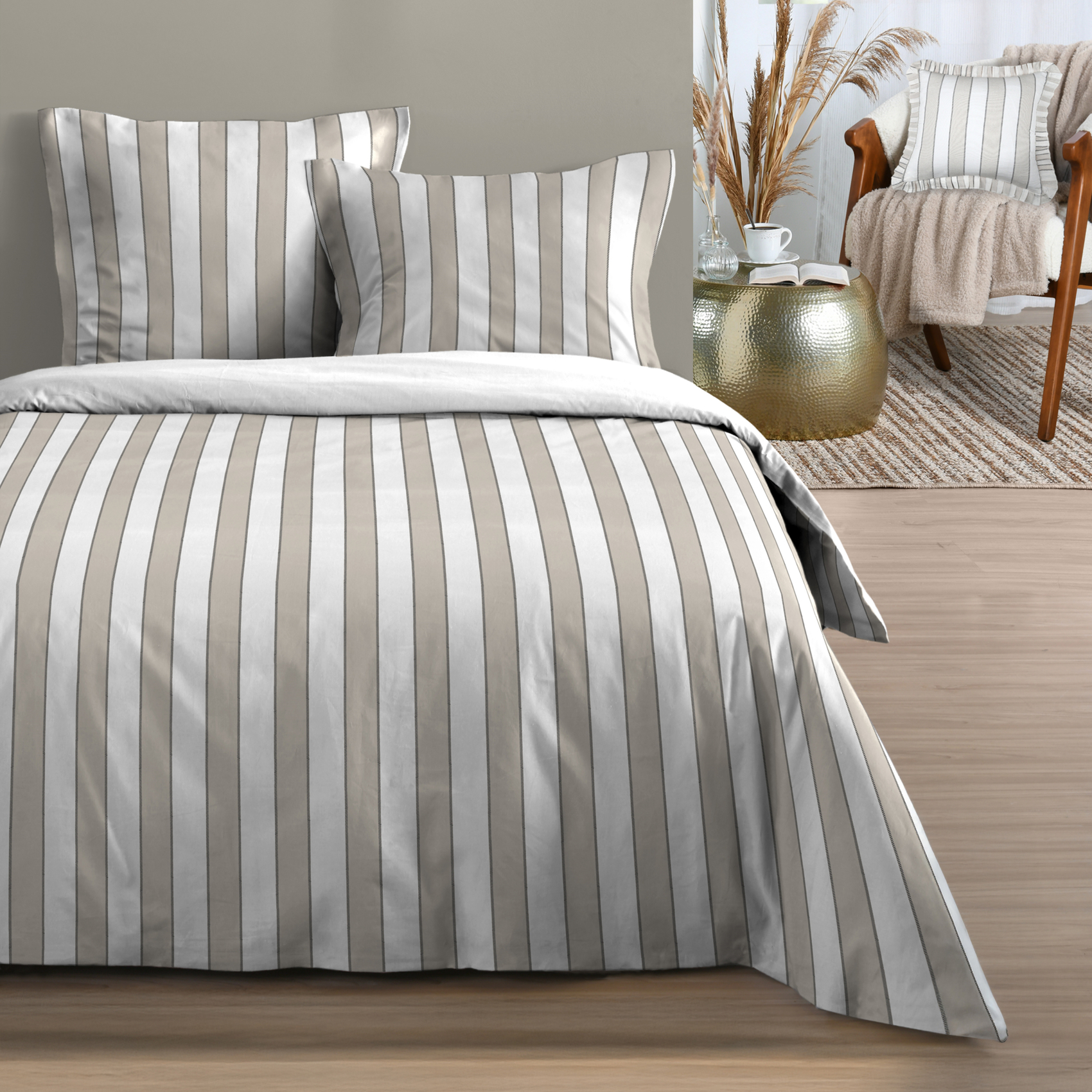 Parure de lit 3 pièces en coton imprimé rayures housse + taies