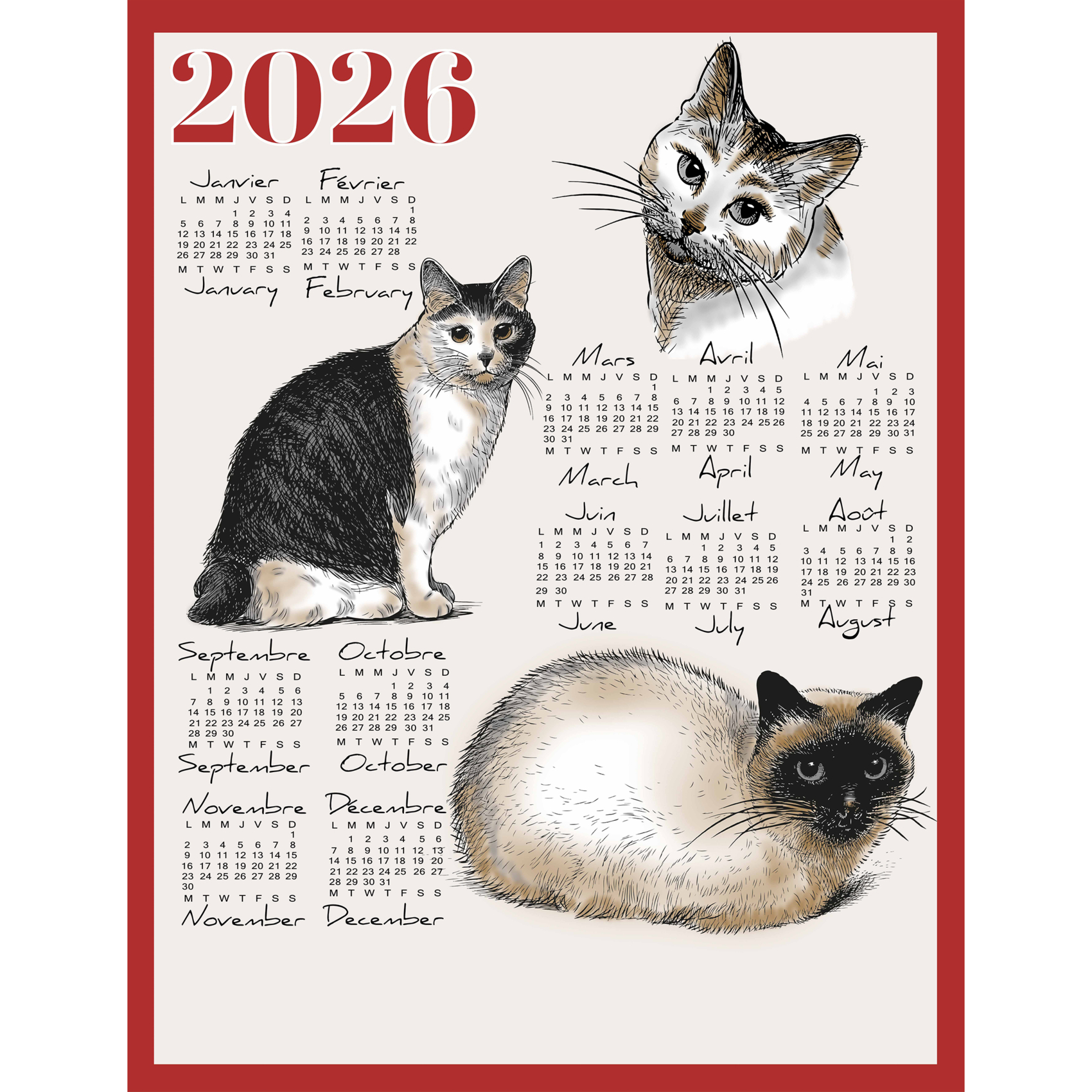 Torchon calendrier 2026 motif chats coton