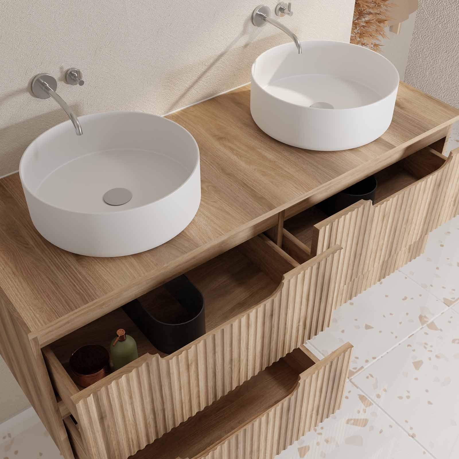 Meuble de salle de bain double vasque ronde avec façade ondulée et rangements intégrés — vue 3