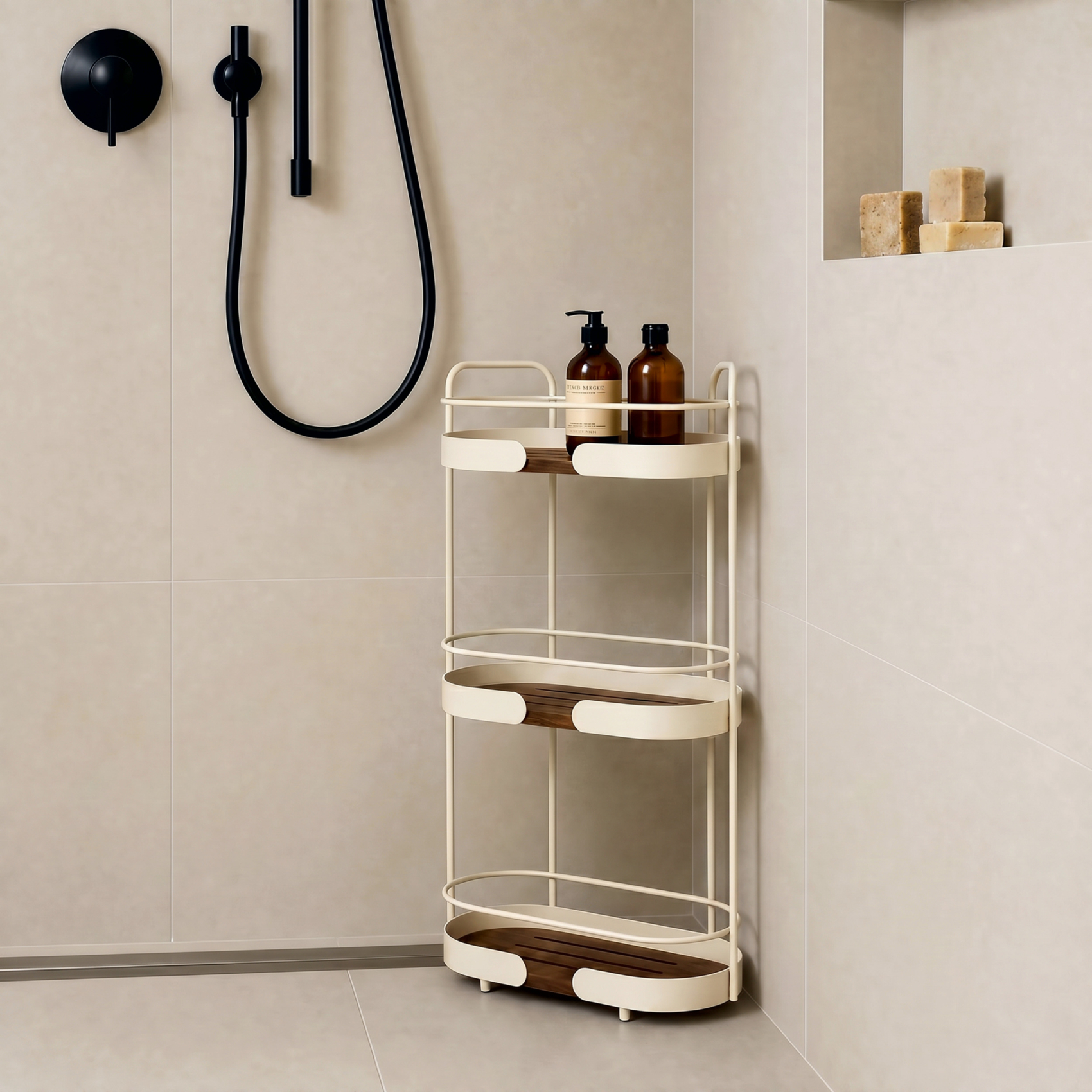 Etagère de douche 3 niveaux en acier et bambou — vue 3