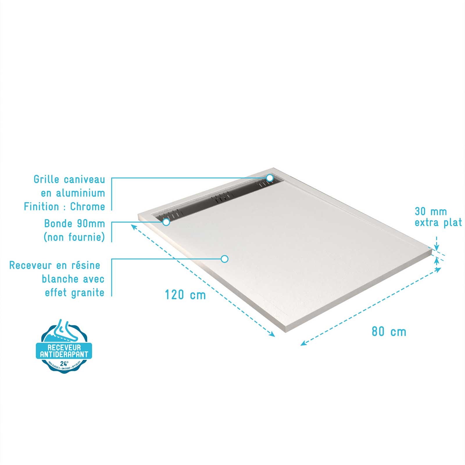 Receveur de douche extra-plat en résine effet pierre  grille linéaire chrome — vue 4