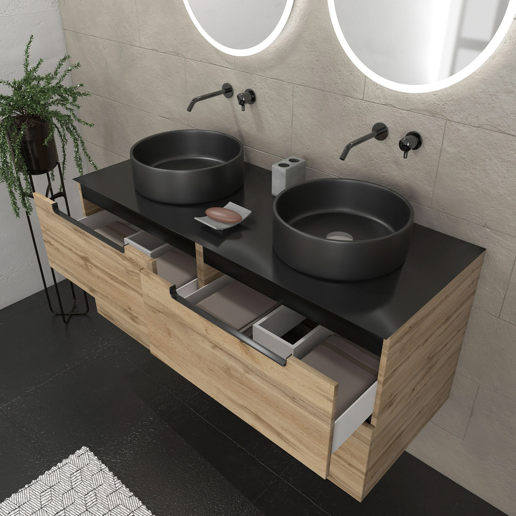 Meuble de salle de bains avec 2 vasques rondes et 2 miroirs ronds à led — vue 3