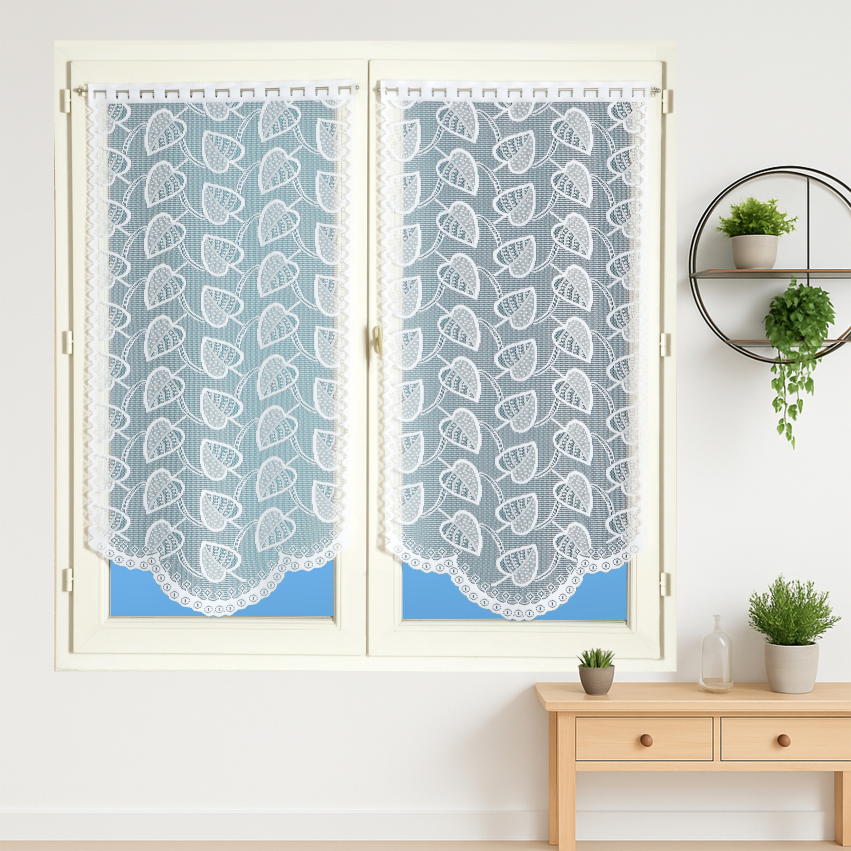 Paire de vitrages dentelle base arrondie feuilles