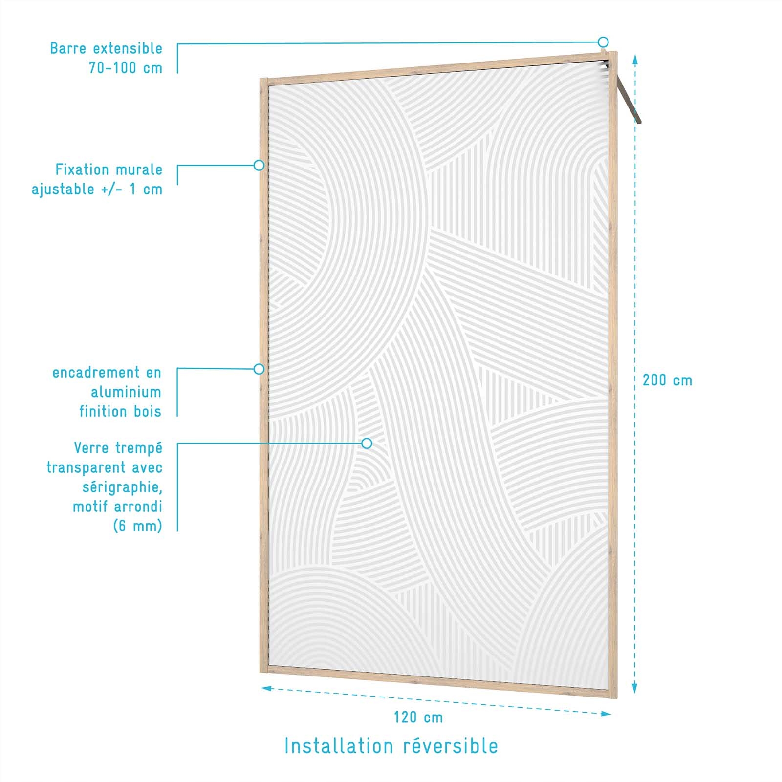 Paroi de douche Japandi en verre sérigraphié motif arrondi — vue 3